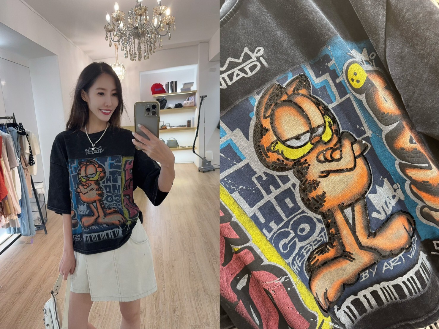 Baby系列 B07045 現貨-街頭塗鴉亮片加菲貓棉T