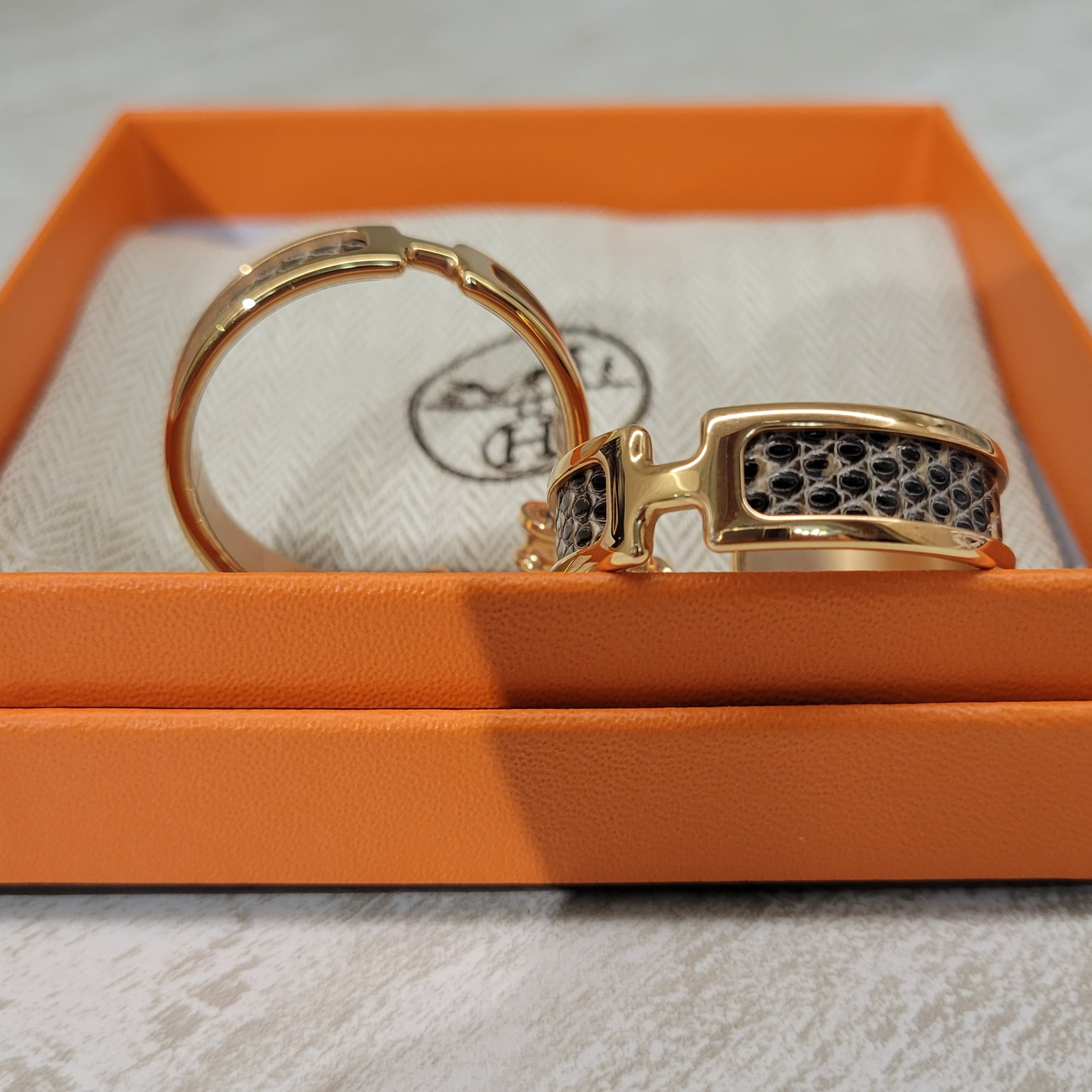 99%NEW HERMES OLYMPE HOOP EARRINGS LIZARD FO 蜥蜴皮拼玫瑰金