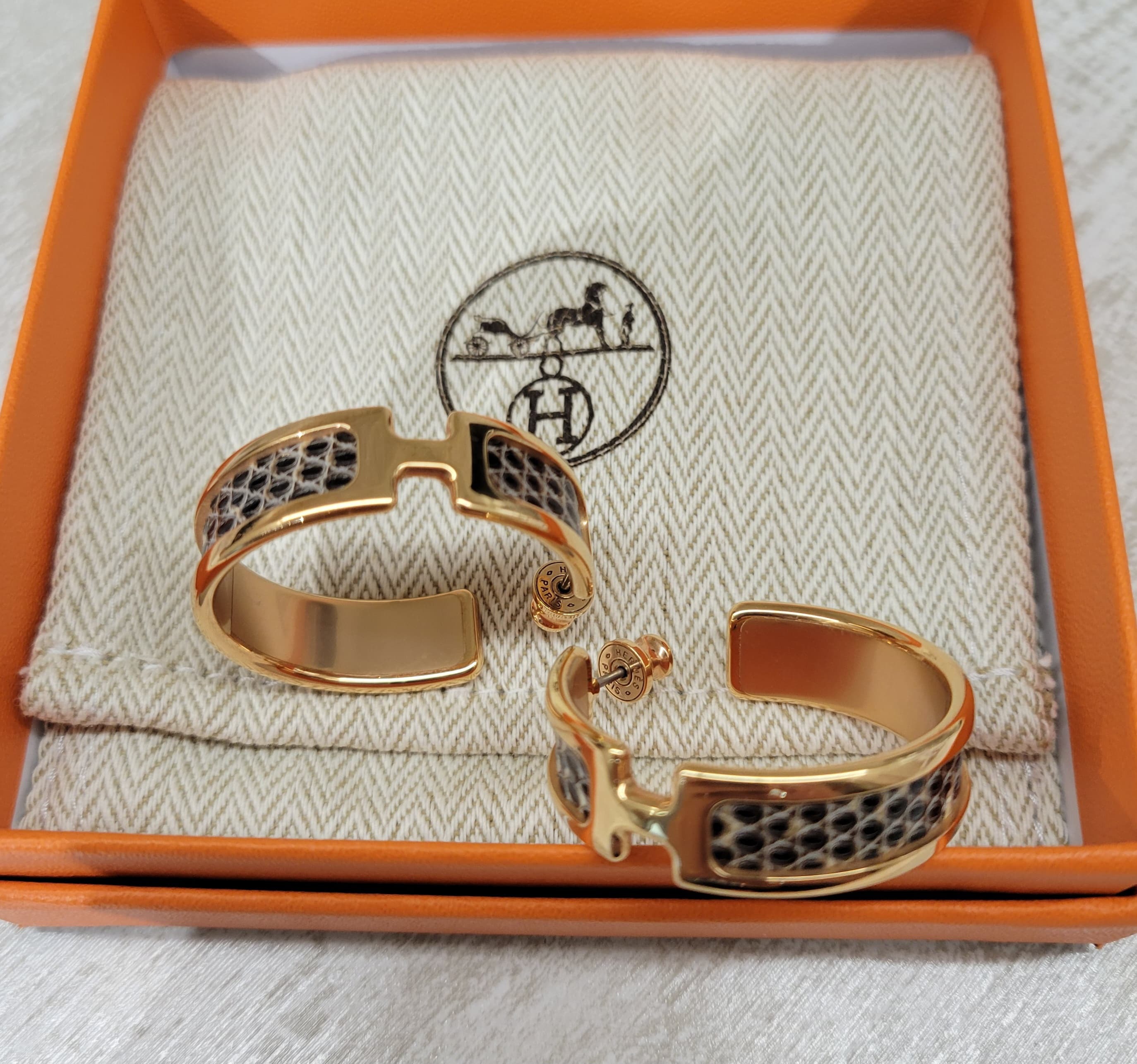 99%NEW HERMES OLYMPE HOOP EARRINGS LIZARD FO 蜥蜴皮拼玫瑰金