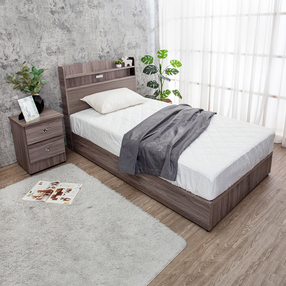 米恩3.5尺單人床房間組-3件組-附插座床頭片+六分床底+二抽床頭櫃(六色可選-不含床墊)