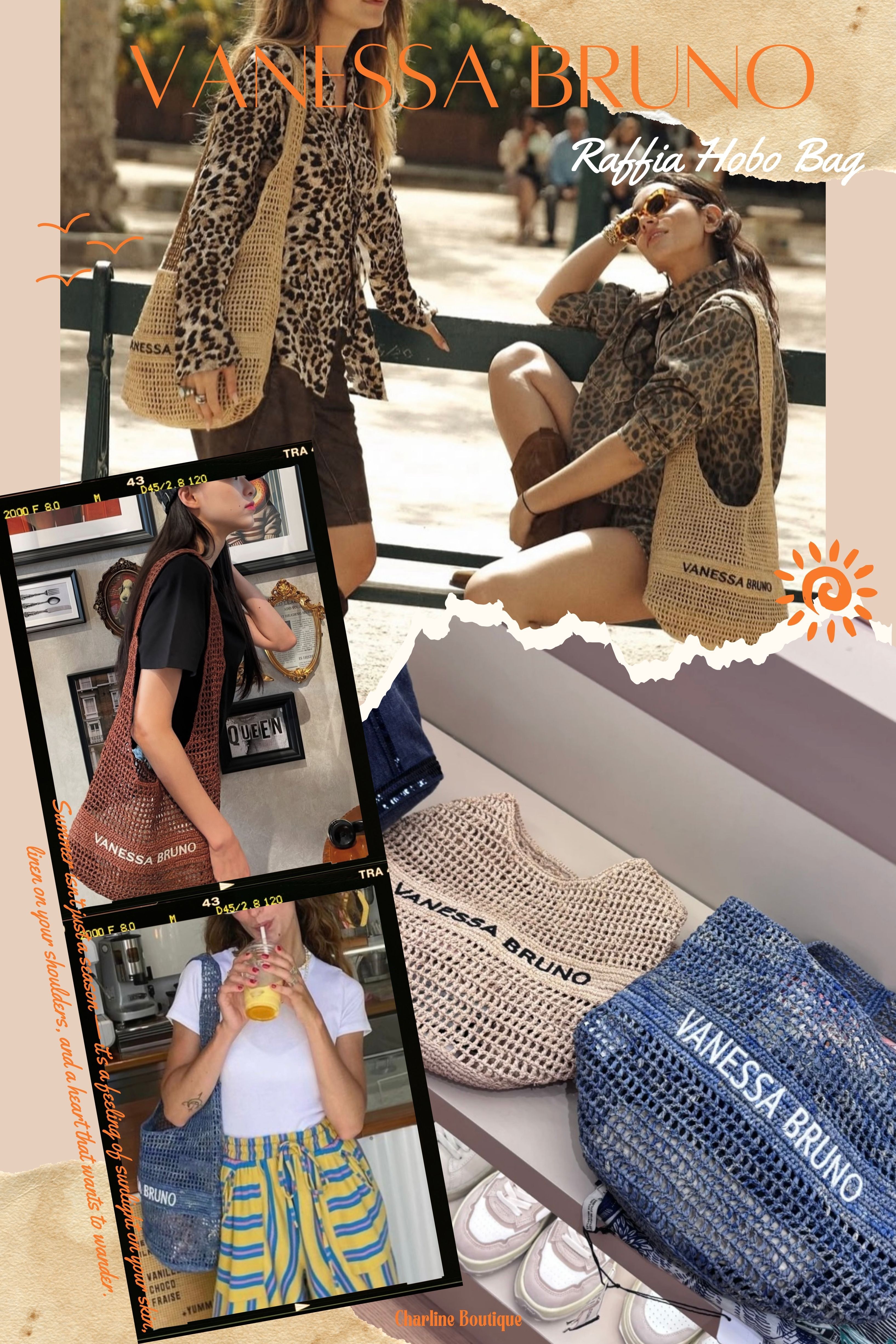 Raffia Hobo Bag：圓潤隨性的法式小清新，讓你散發溫柔光芒！  如果您想找一款輕巧、不喜歡包包帶來負擔，同時又想展現一點隨性自在的浪漫，那麼這款 Raffia Hobo Bag 絕對會讓您愛不釋手！它的尺寸是 27 × 25 × 20 公分，設計上比 Raffia Basket 更圓潤一點，但一樣保有Vanessa Bruno 的字樣。流線型的設計讓它能更輕巧地貼合您的身體曲線。雖然看起來精緻小巧，但日常所需的基本物品，如隨身小物、小型記事本等，都能輕鬆收納。天然草編的溫潤質地，搭配上精心點綴的品牌字樣，交織出最純粹的法式簡約風情。最迷人的，莫過於那條設計得剛剛好的長肩帶！它背起來超級輕鬆舒適，完全不會勒肩膀，讓您可以毫無負擔地享受每一次出門的愜意時光。無論是逛街、約會，還是計畫一場說走就走的度假旅行，這款包都能完美融入您的穿搭，輕鬆提升整體氣質，讓您散發出那種由內而外的自信與從容。它不只是一個包包，更是一種生活態度的展現：自在、低調，卻在每一個細節中都透露著獨特的品味與格調。