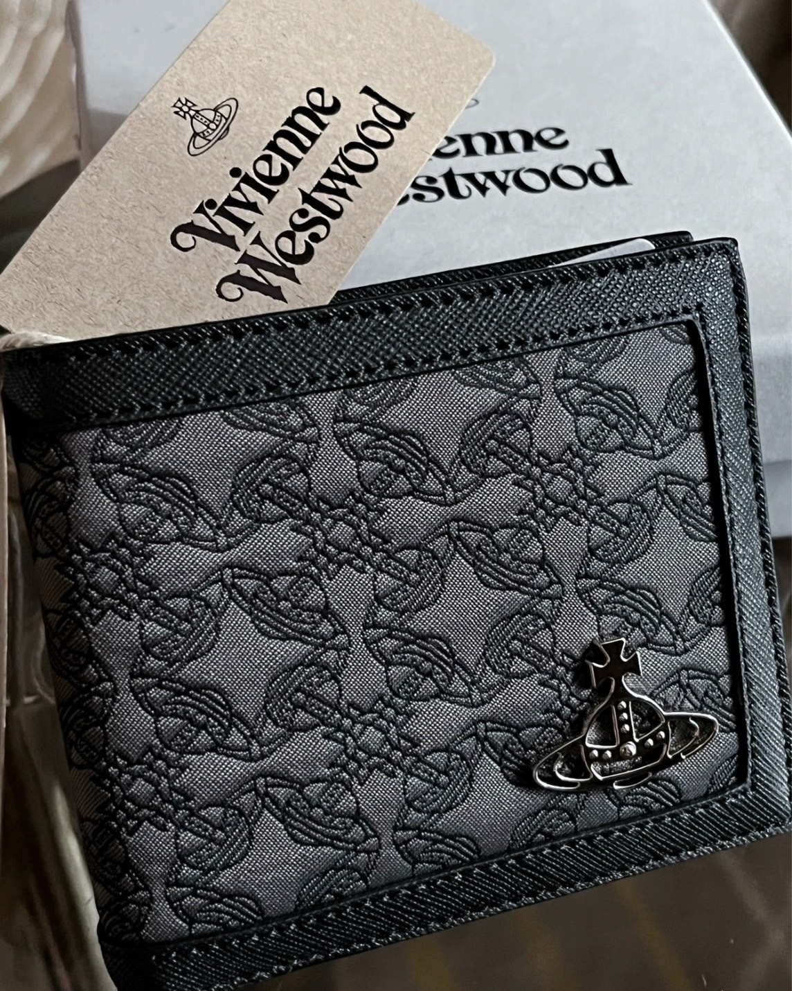 <英國限時折扣!>Vivienne Westwood Men's Orborama Nylon Billfold Wallet 薇薇安 西太后 短夾 皮夾 老花 黑色