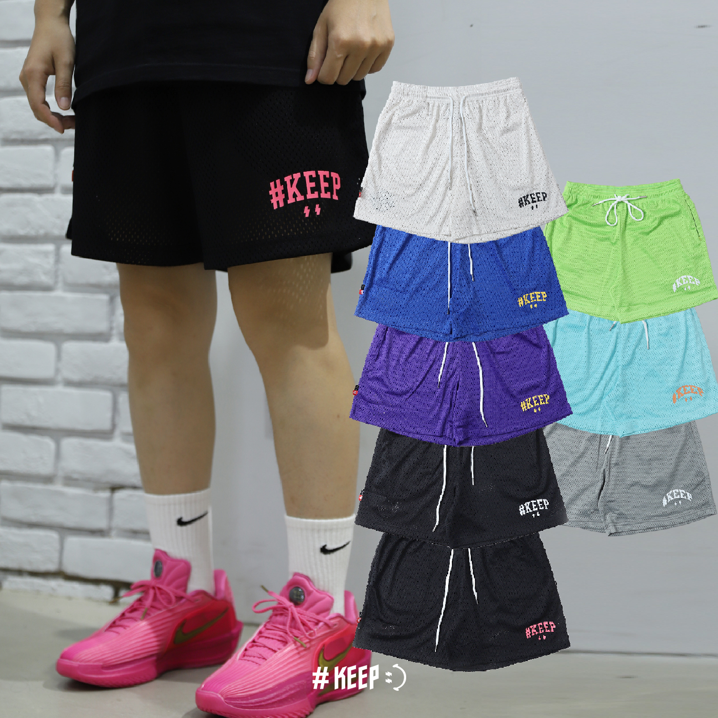 #KEEP ESS MESH SHORTS 八色 標語 刺繡 抽繩 網眼 膝上 運動 短褲 球褲【KS180】ABshorts