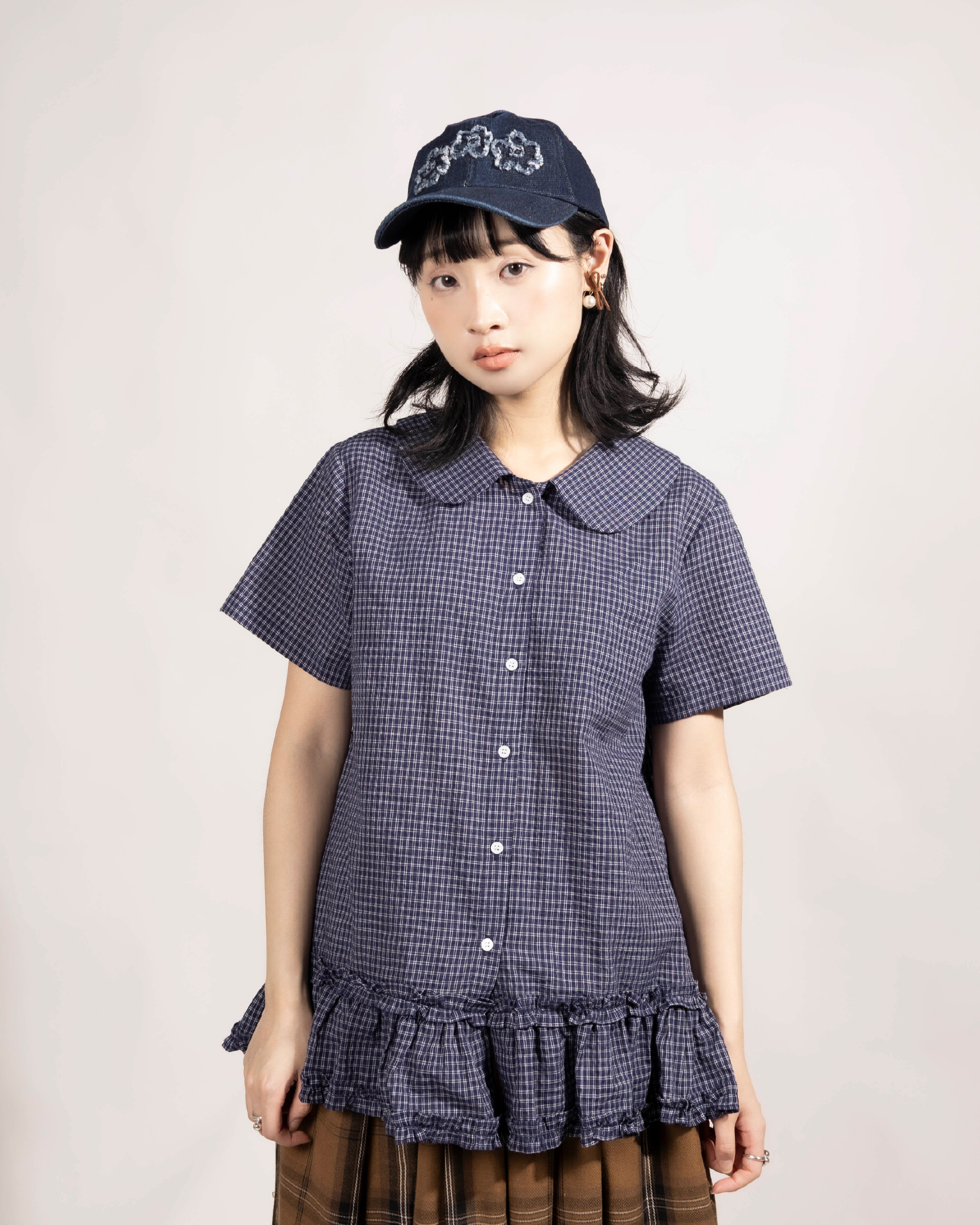 細格娃領雙層ruffle邊短袖恤