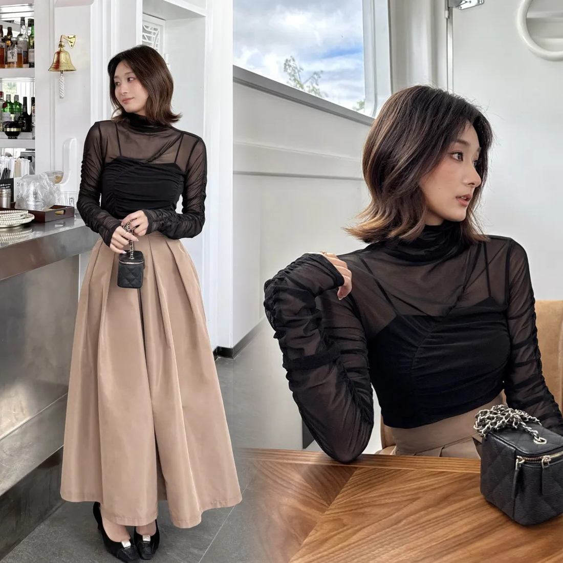 經典黑透膚拼接皺皺抓褶感高領上衣S-M (Elegant & Love)