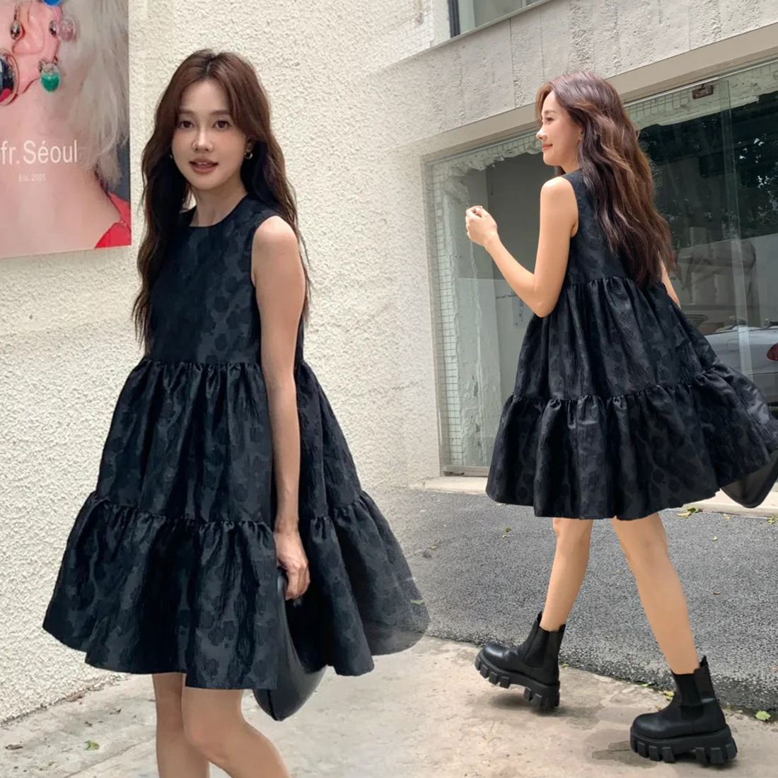 經典黑立體點點織紋蛋糕裙圓領短洋裝-F (Elegant & Love)