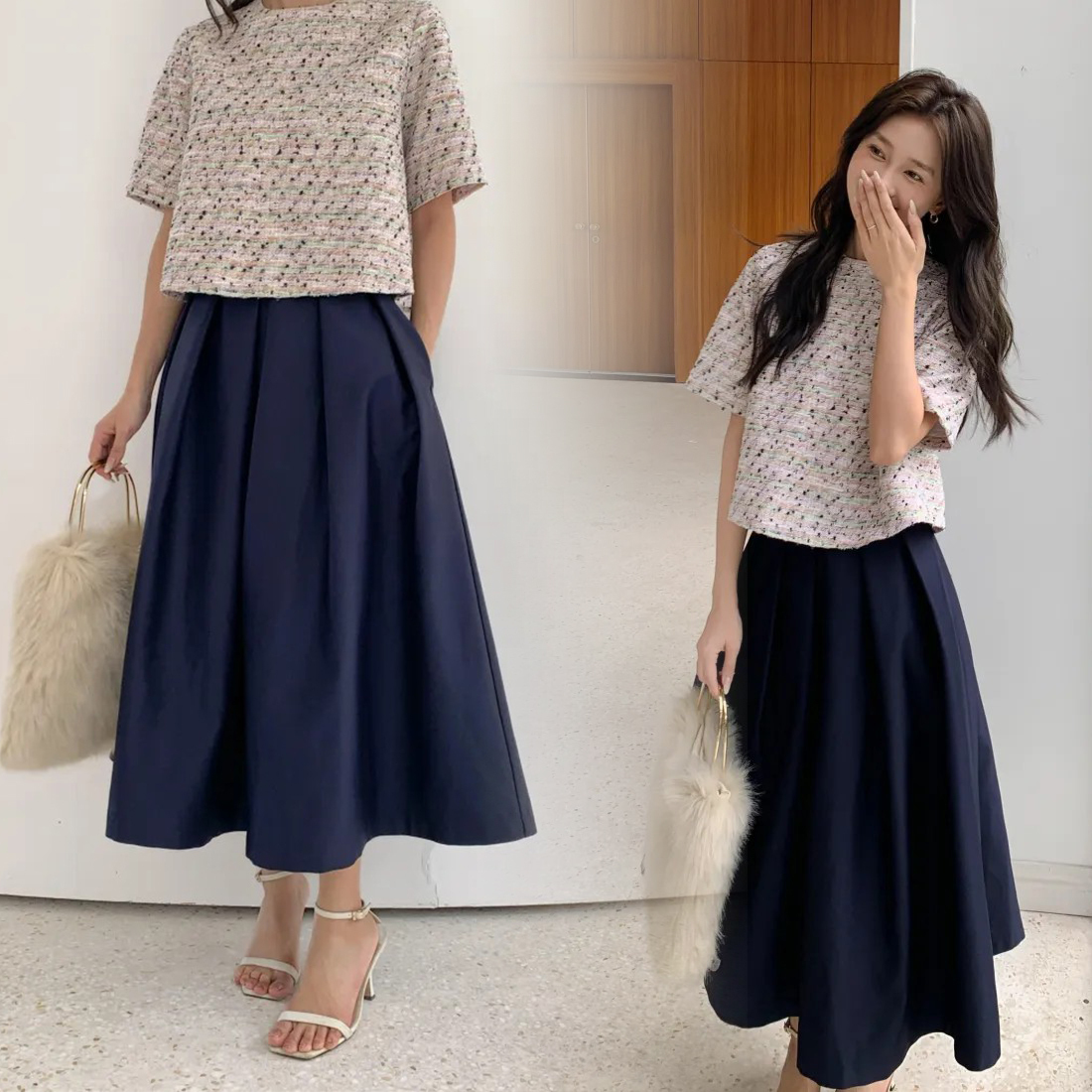 海軍藍打褶感A字澎澎裙擺長裙-S-L (Elegant & Love)