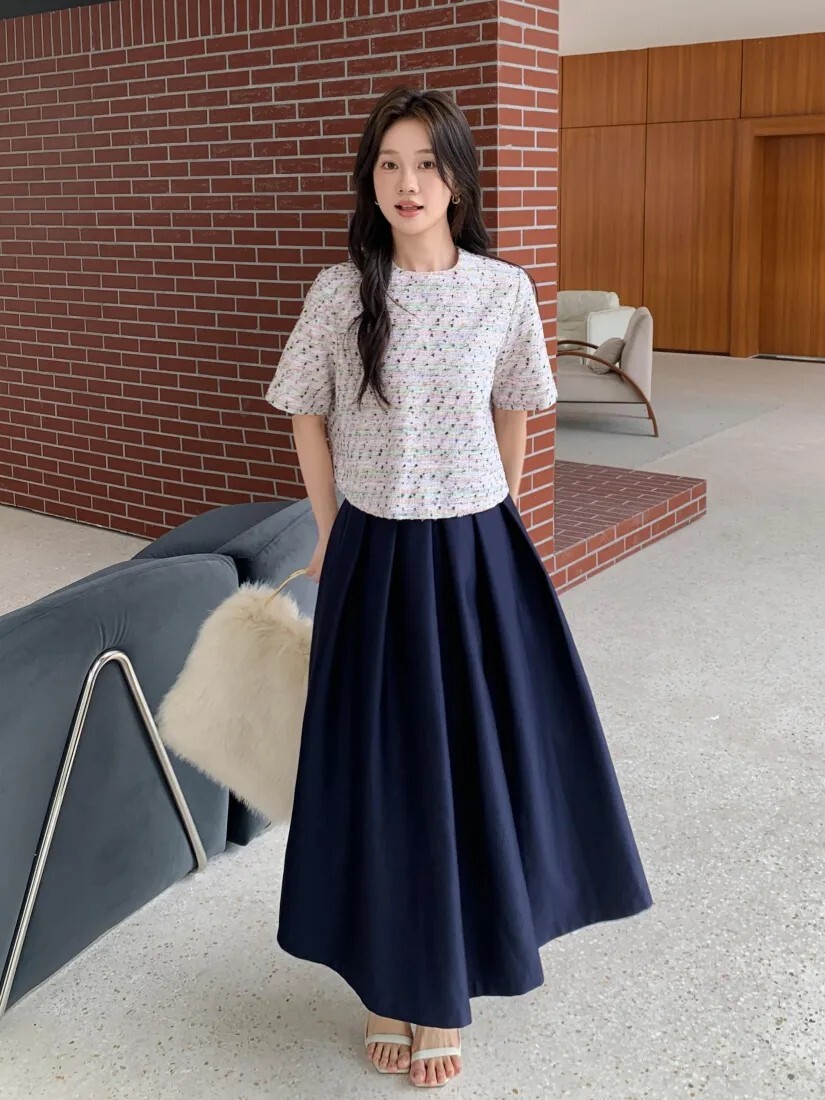 海軍藍打褶感A字澎澎裙擺長裙-S-L (Elegant & Love)