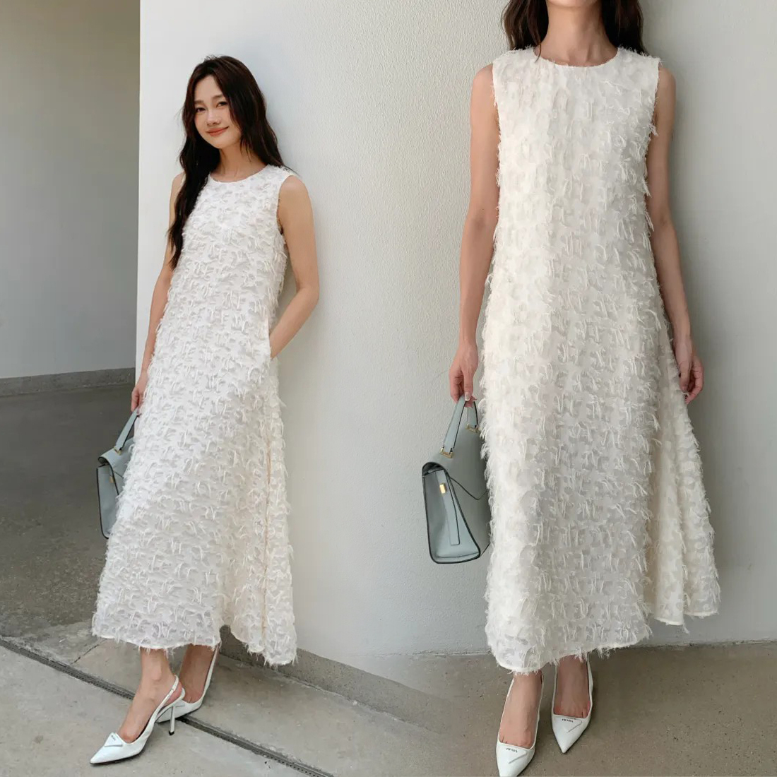 藍天白雲立體織紋感圓領無袖長洋裝S-M / 2色 (Elegant & Love)
