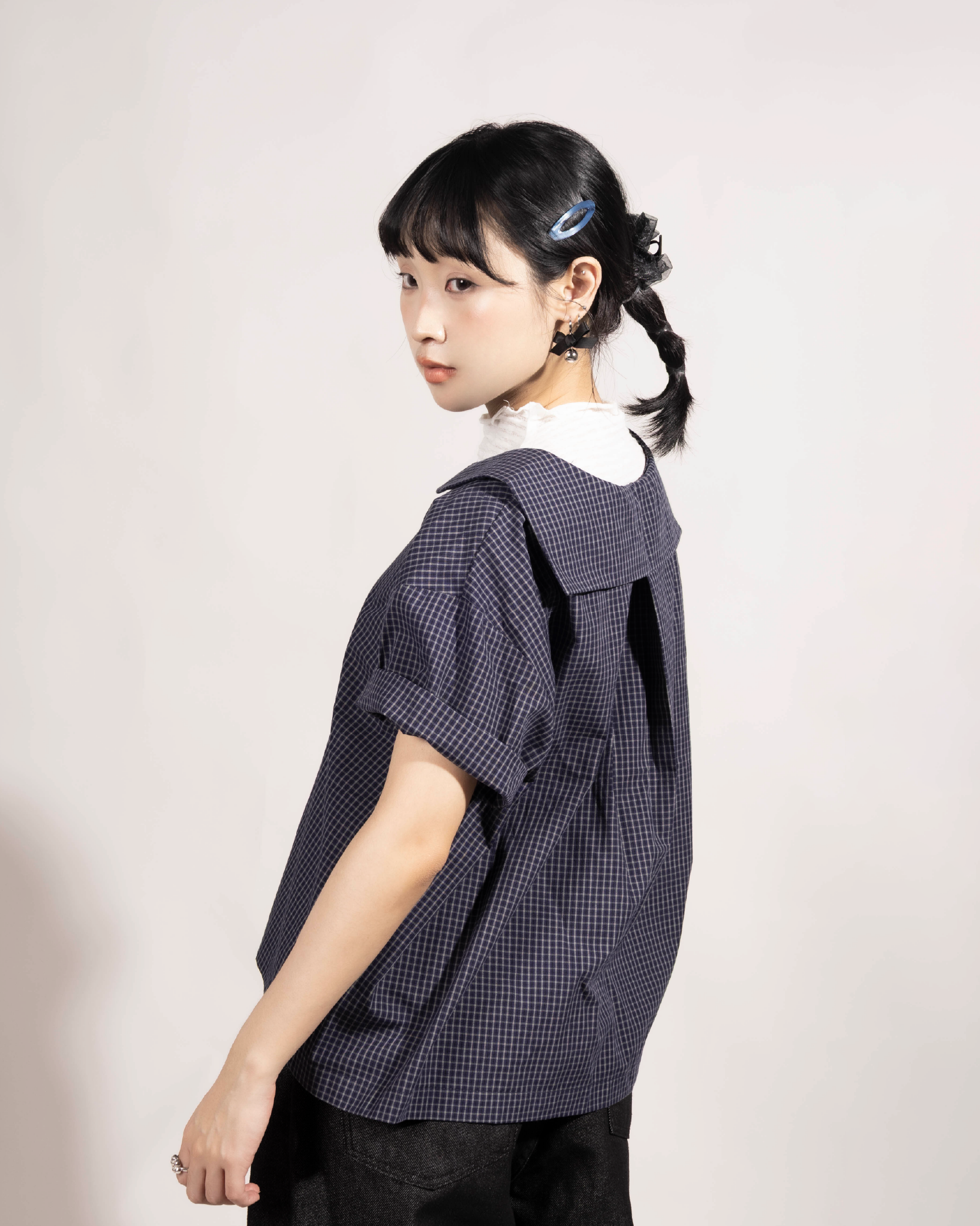 水手小娃領細格短袖恤