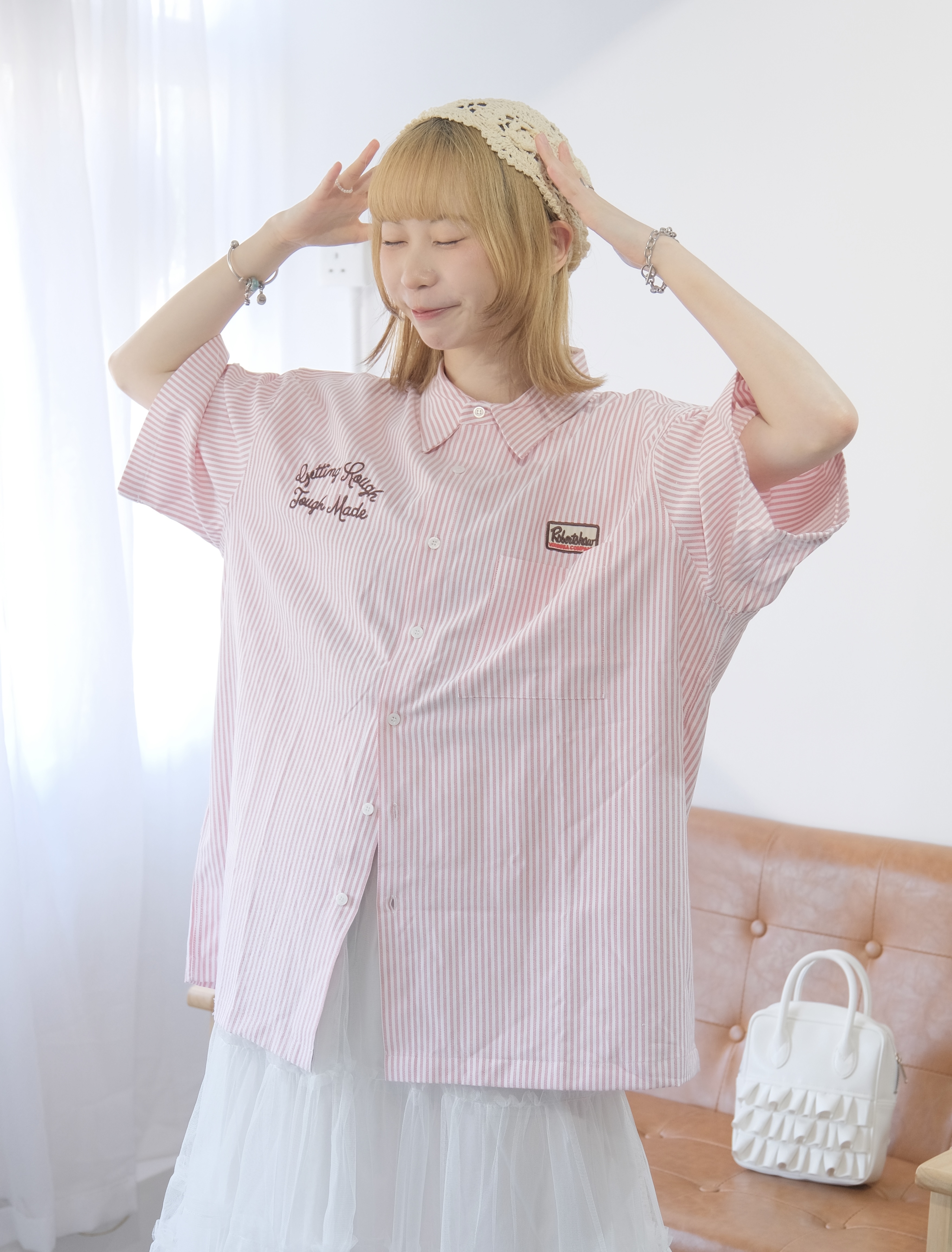 刺繡字母直條oversize恤 (PINK)