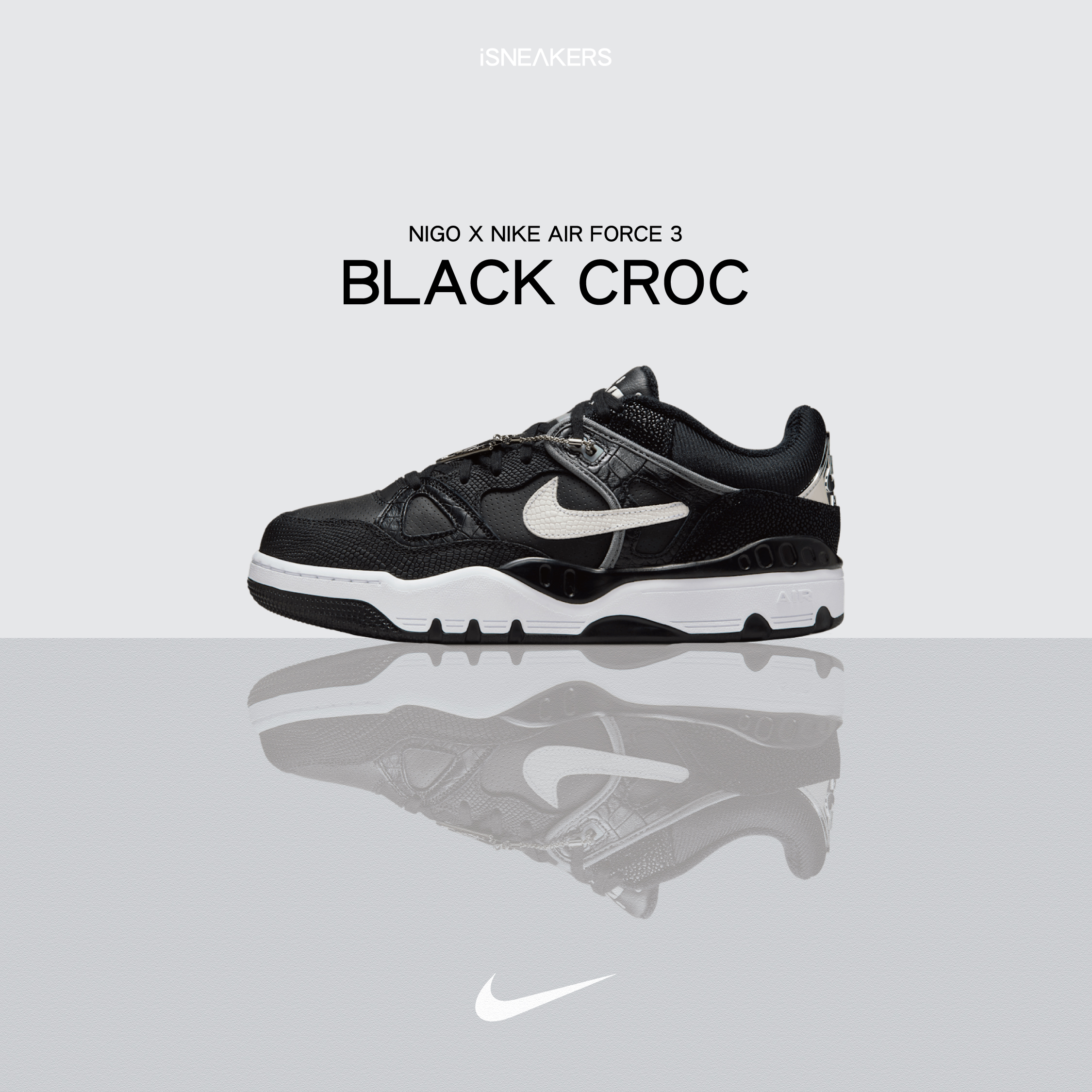 iSNEAKERS｜NIGO x Nike Air Force 3 "Black Croc" 黑白金標 HF7630-001