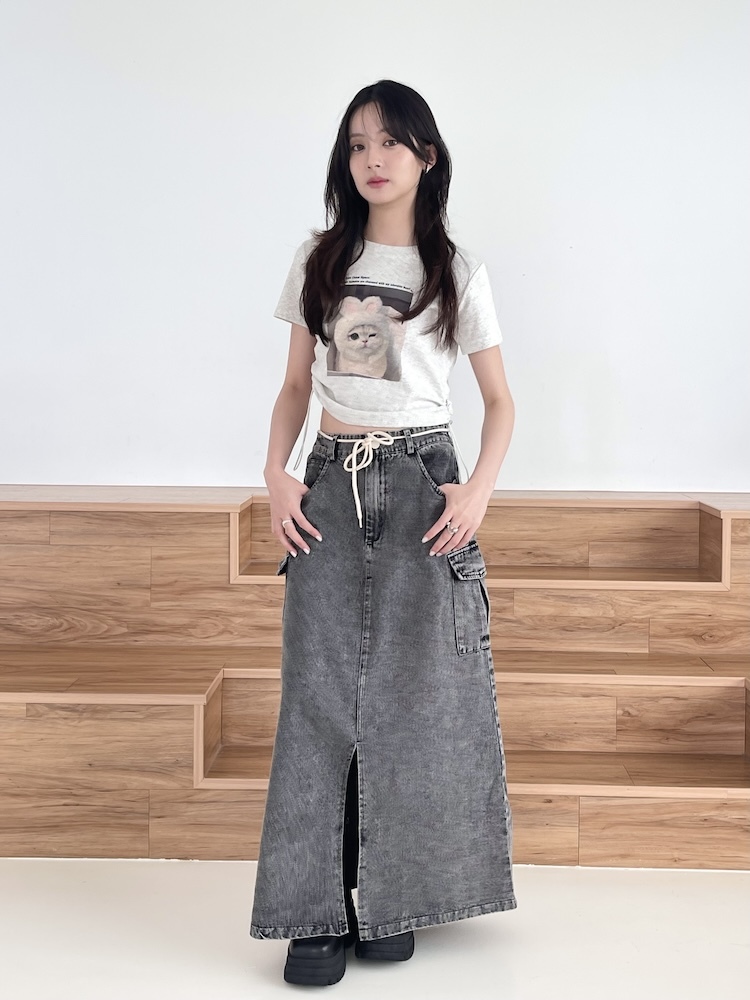 鬆緊復古工裝牛仔裙