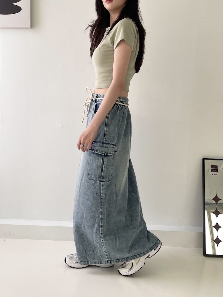 鬆緊復古工裝牛仔裙