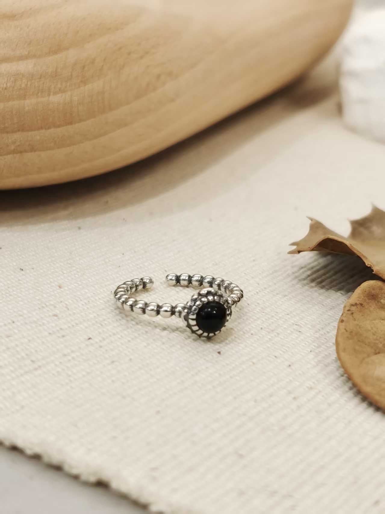 🌿黑瑪瑙 銀珠戒指