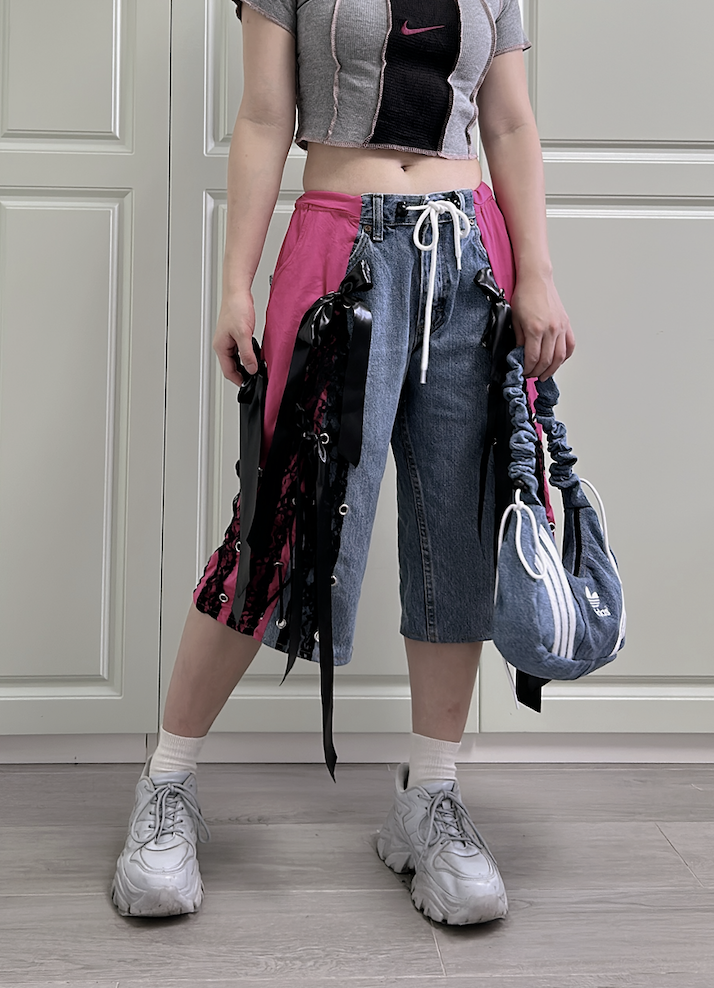 【現貨】泰國Remake絲帶結牛仔併運動七分褲