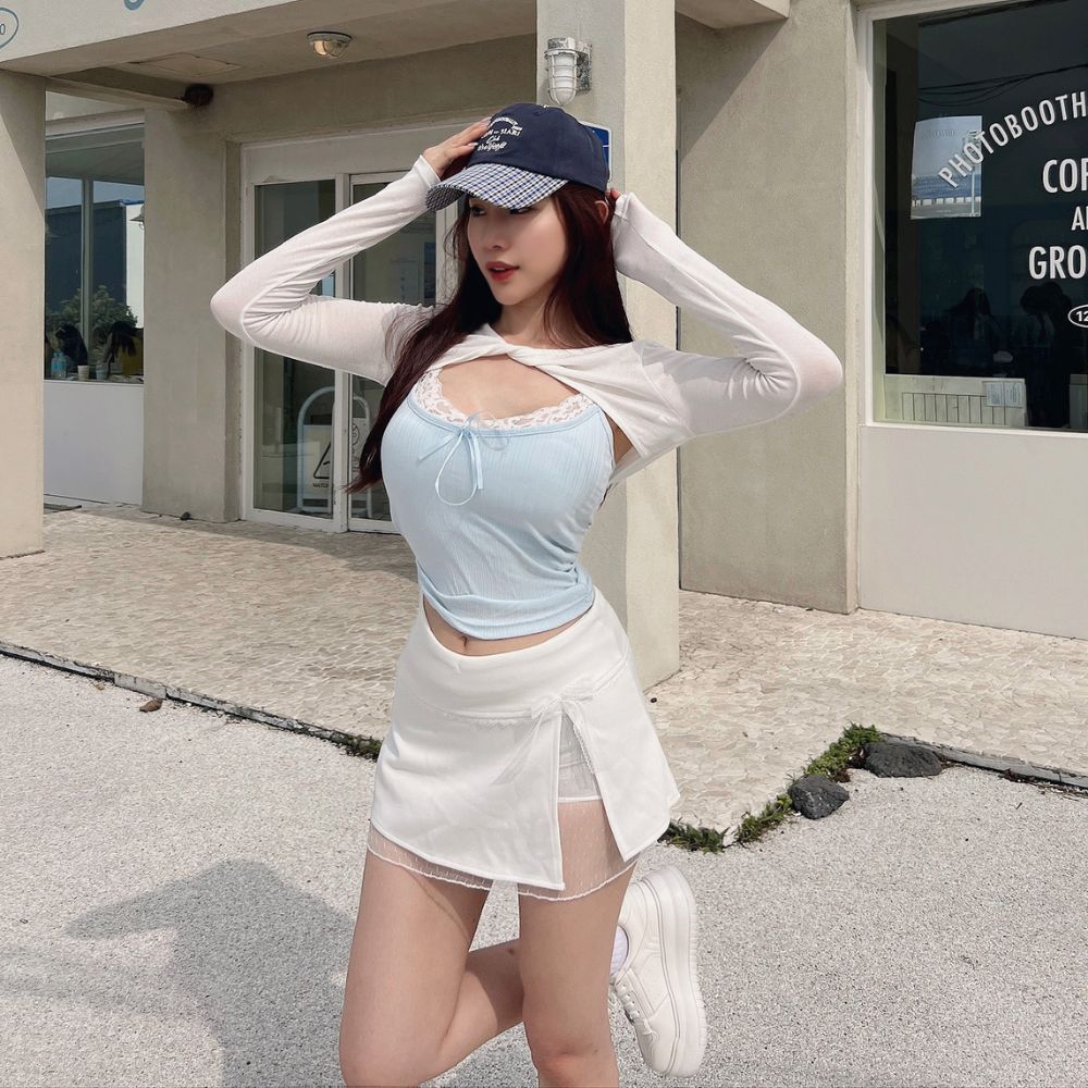 【仙氣辣感】DOMISS自訂-薄紗紐結罩衫+蕾絲細肩背心 兩件套-3色(現貨)