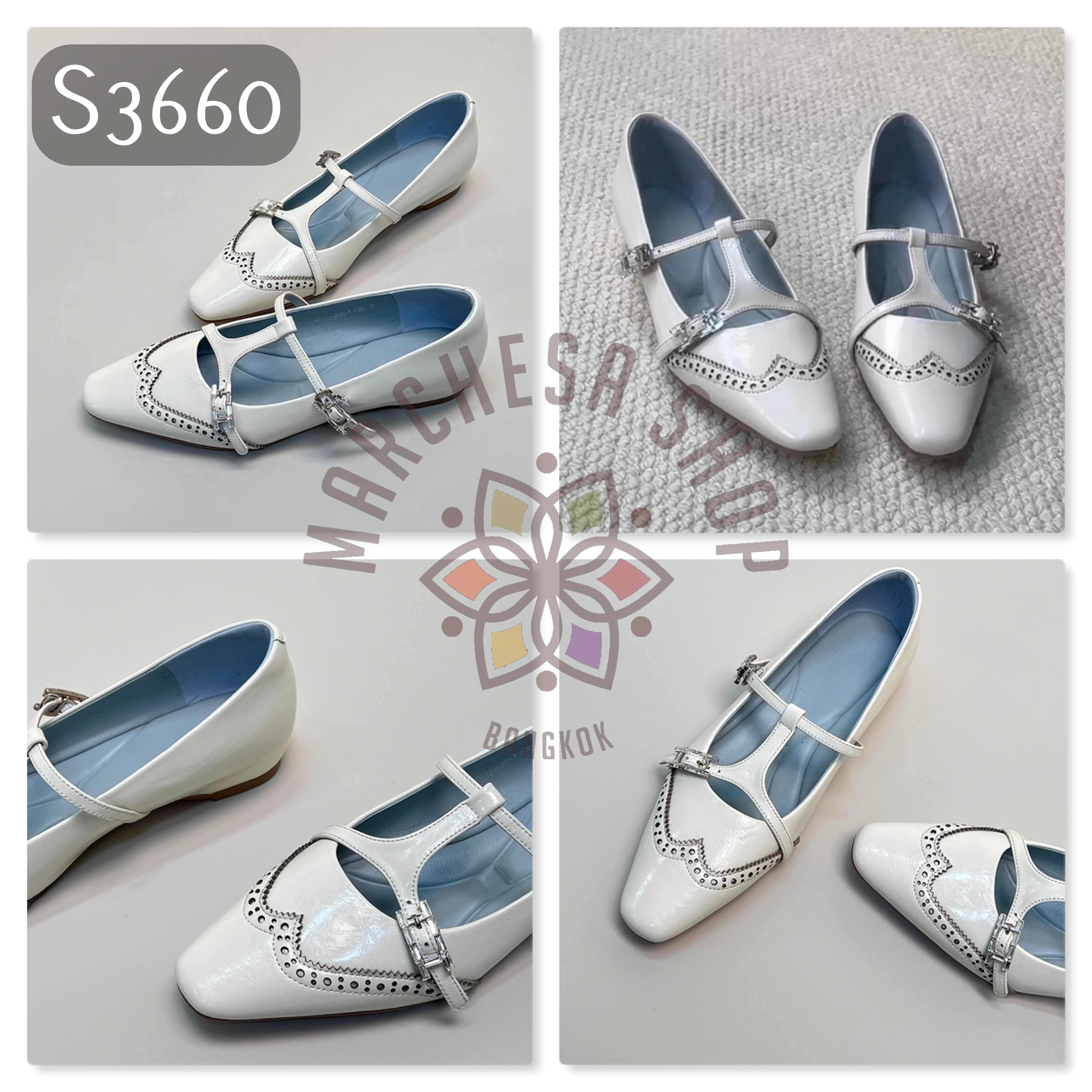 S3660 - 頭層小羊皮法色工字帶方頭低踭鞋