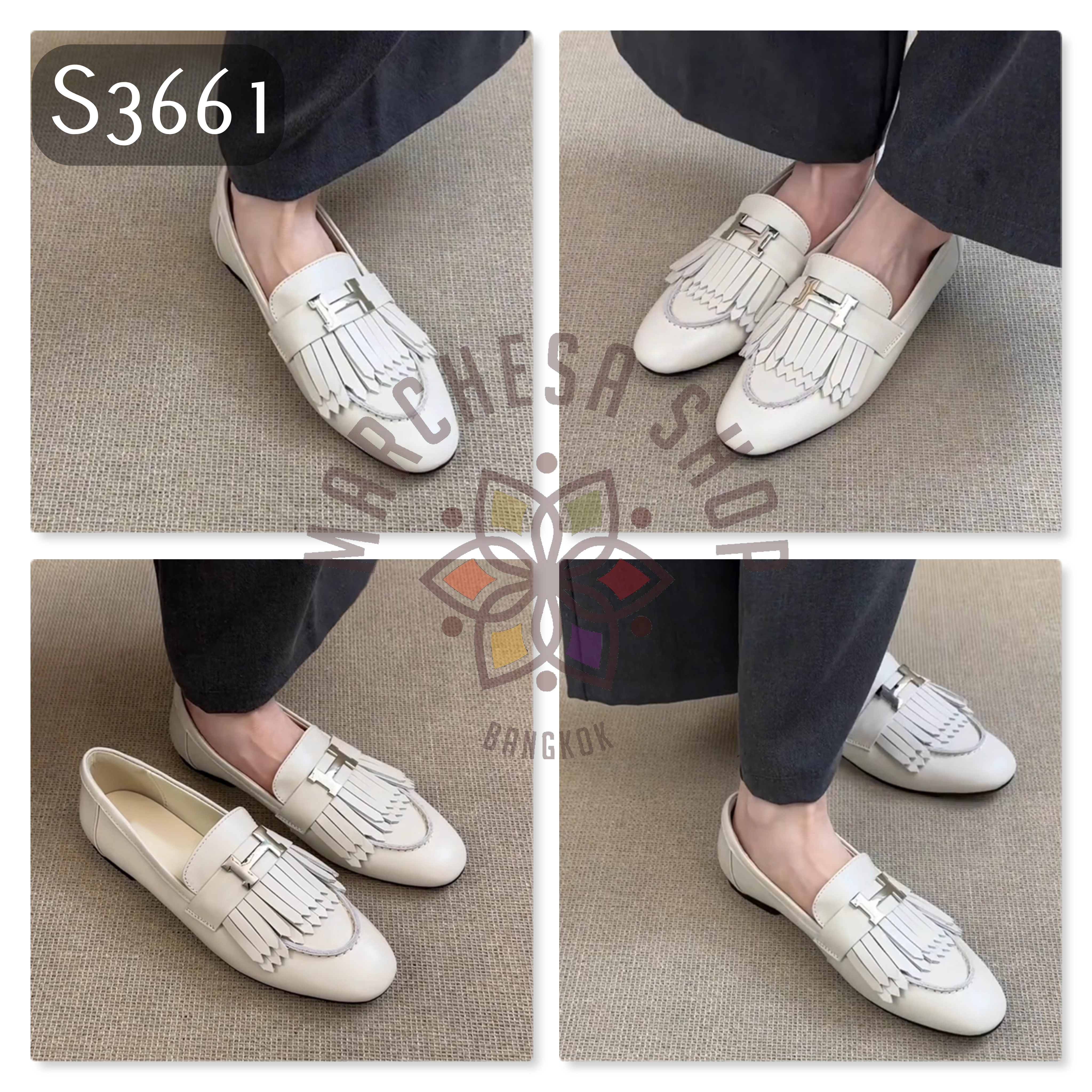 S3661 - 頭層小羊皮流鬚H扣圓頭平底鞋