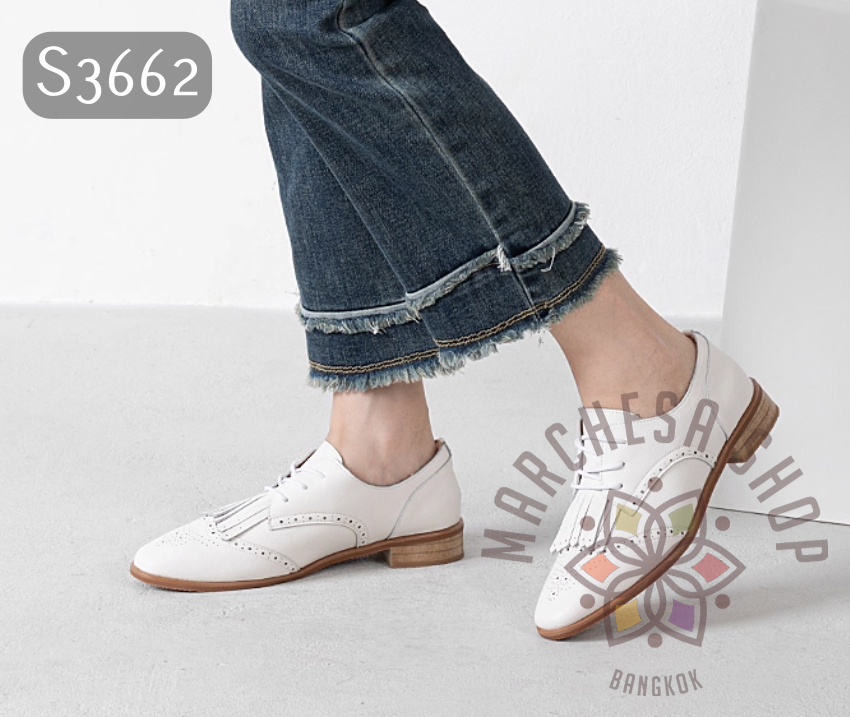 S3662 - 頭層小羊皮流鬚綁帶圓頭平底樂福鞋