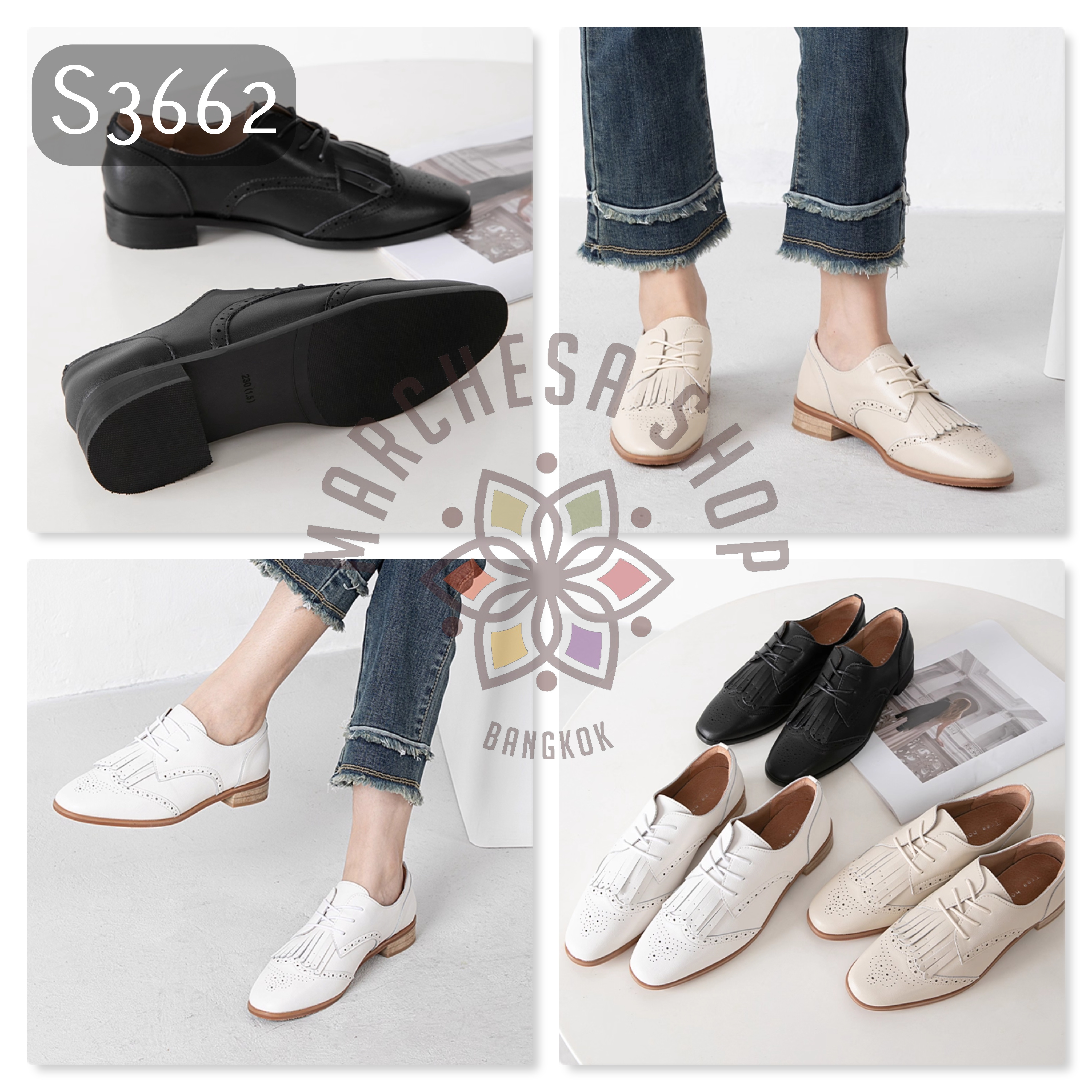 S3662 - 頭層小羊皮流鬚綁帶圓頭平底樂福鞋