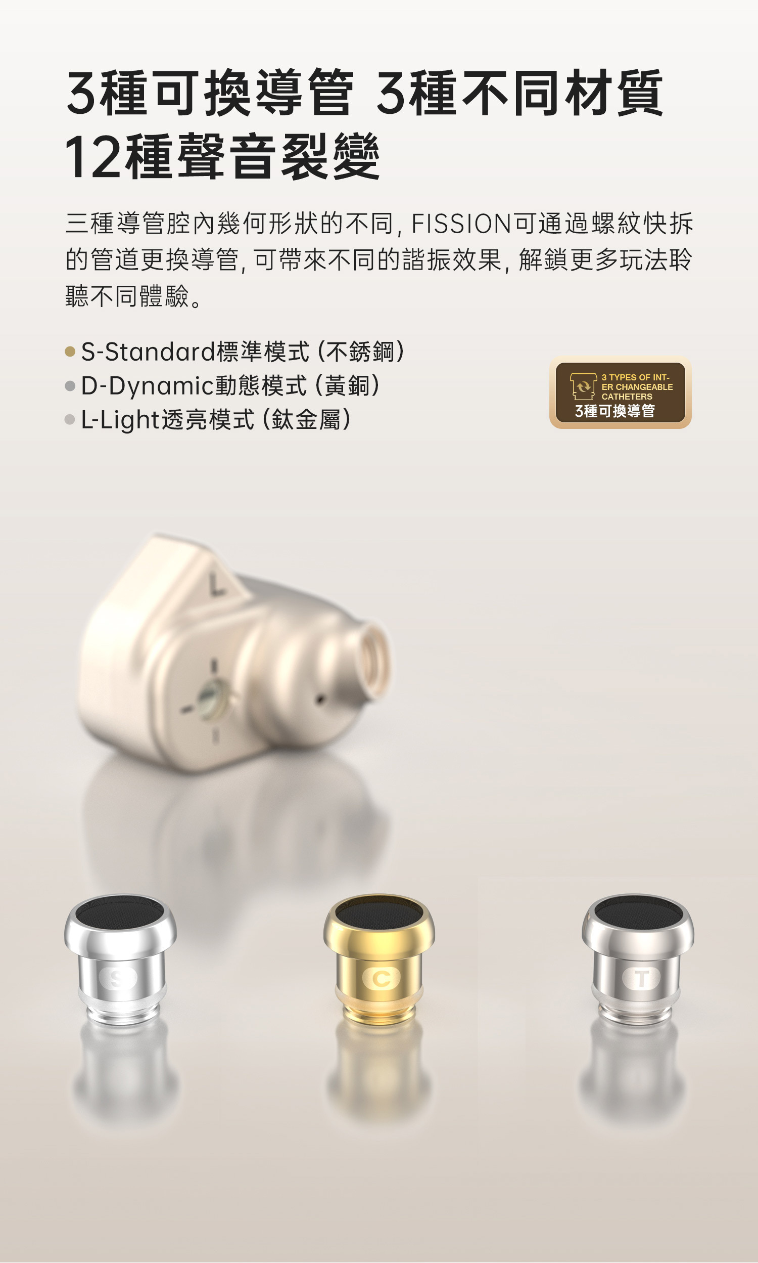 TANCHJIM FISSION 裂變耳機設3種可換導管(不銹鋼、黃銅、鈦金屬),可通過螺紋快拆的管道更換導管,可帶來不同的諧振效果,解鎖更多玩法聆聽不同體驗。