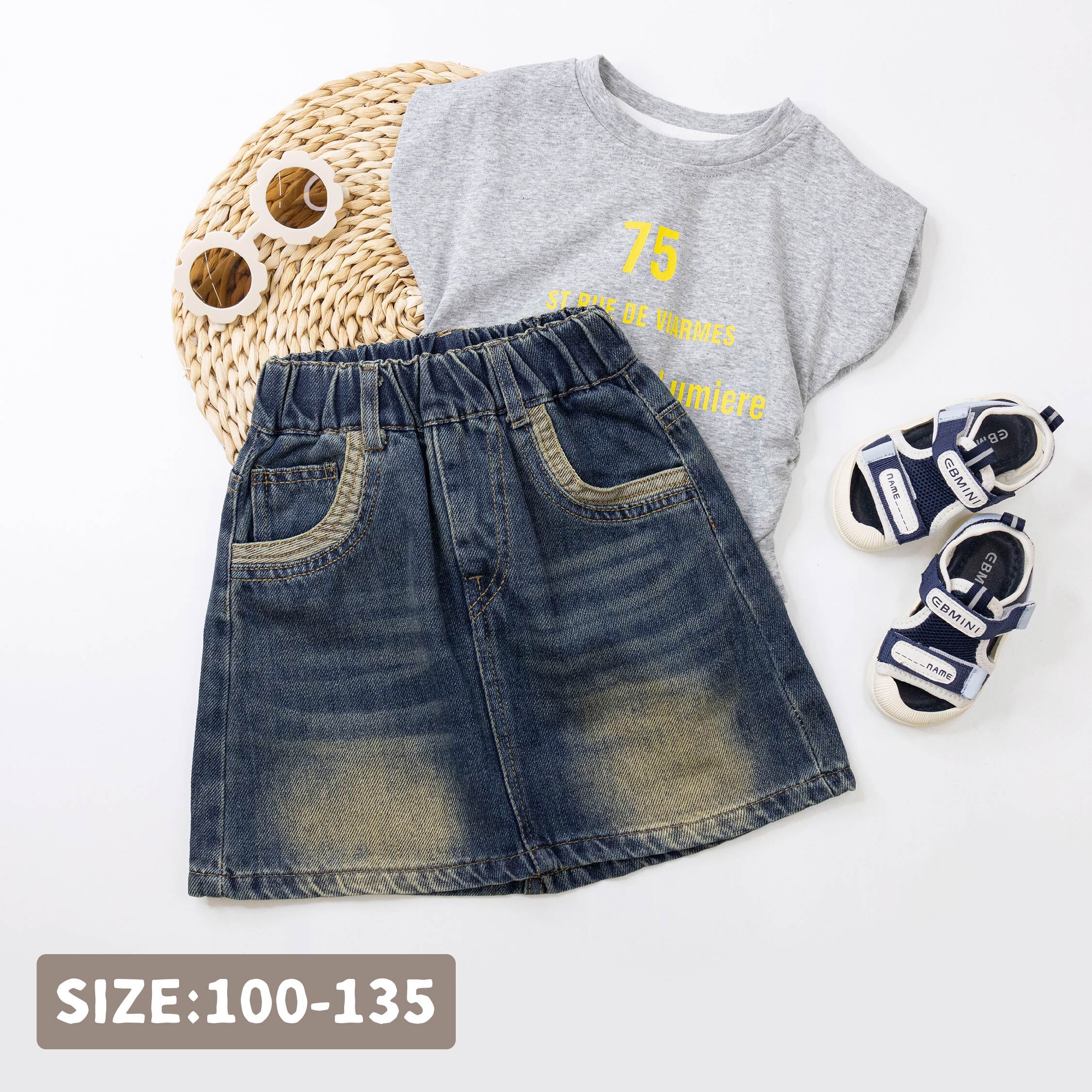 【H50922】復古刷色拼接口袋牛仔褲裙