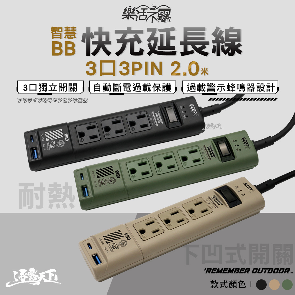 樂活不露 智慧BB快充延長線3口3PIN GaN25W 2.0米