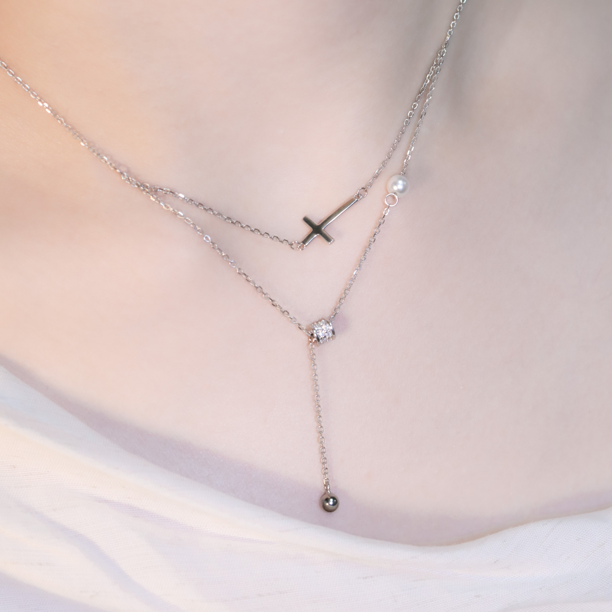 | 925純銀・白金・珍珠 | 純潔信仰雙層項鍊 | NE1443 |