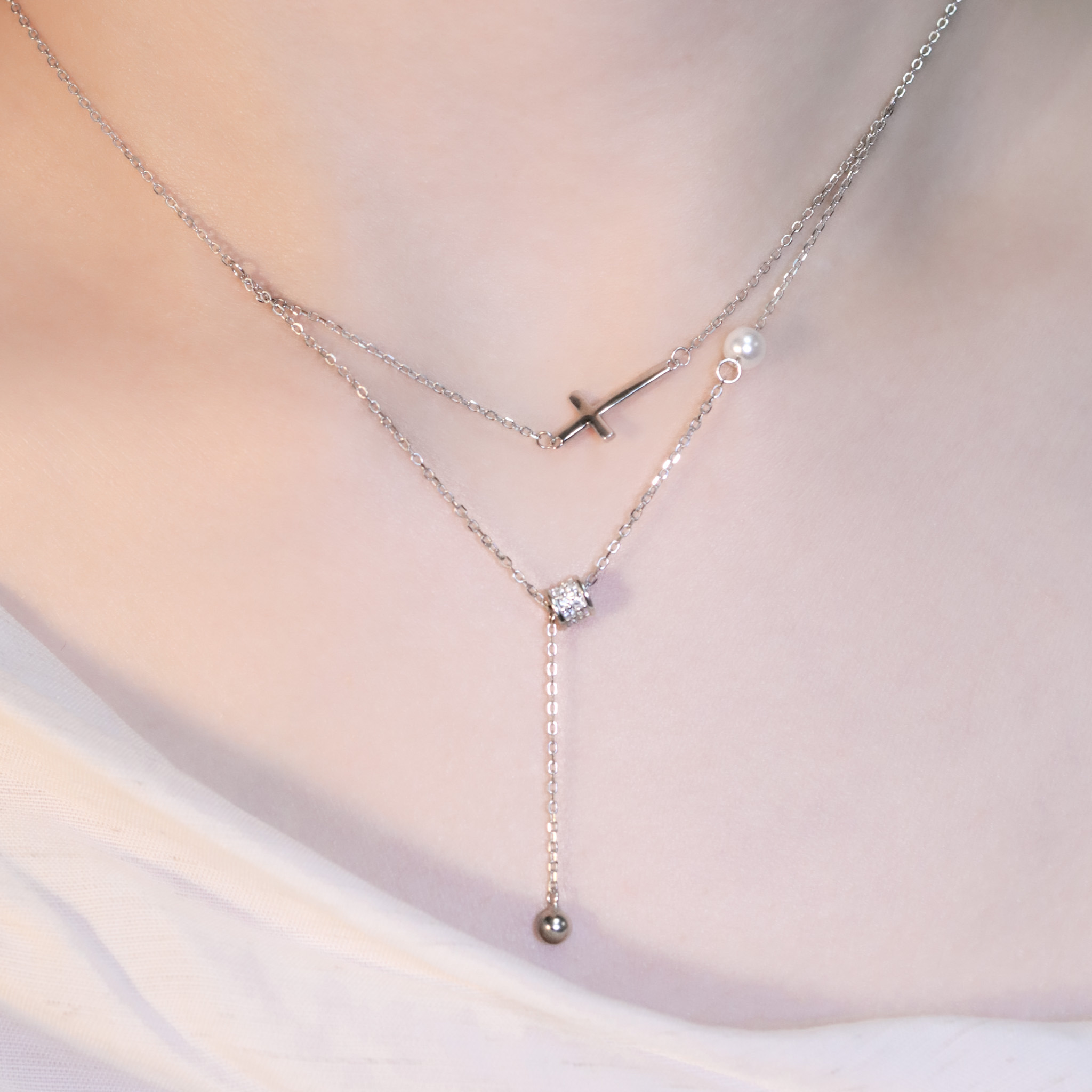 | 925純銀・白金・珍珠 | 純潔信仰雙層項鍊 | NE1443 |