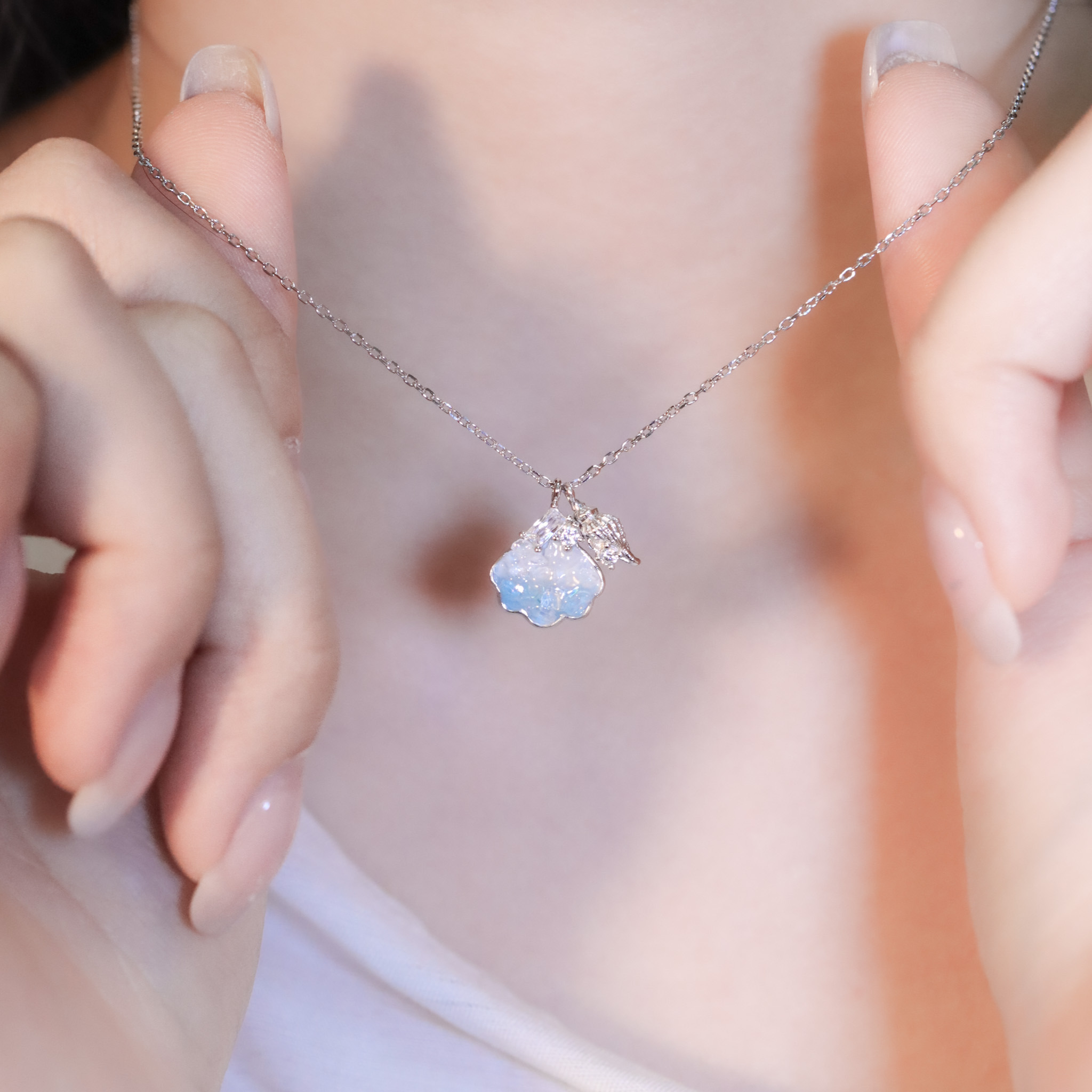 | 925純銀・厚鍍白金 | 漫藍貝殼小夢項鍊 | NE1452 |