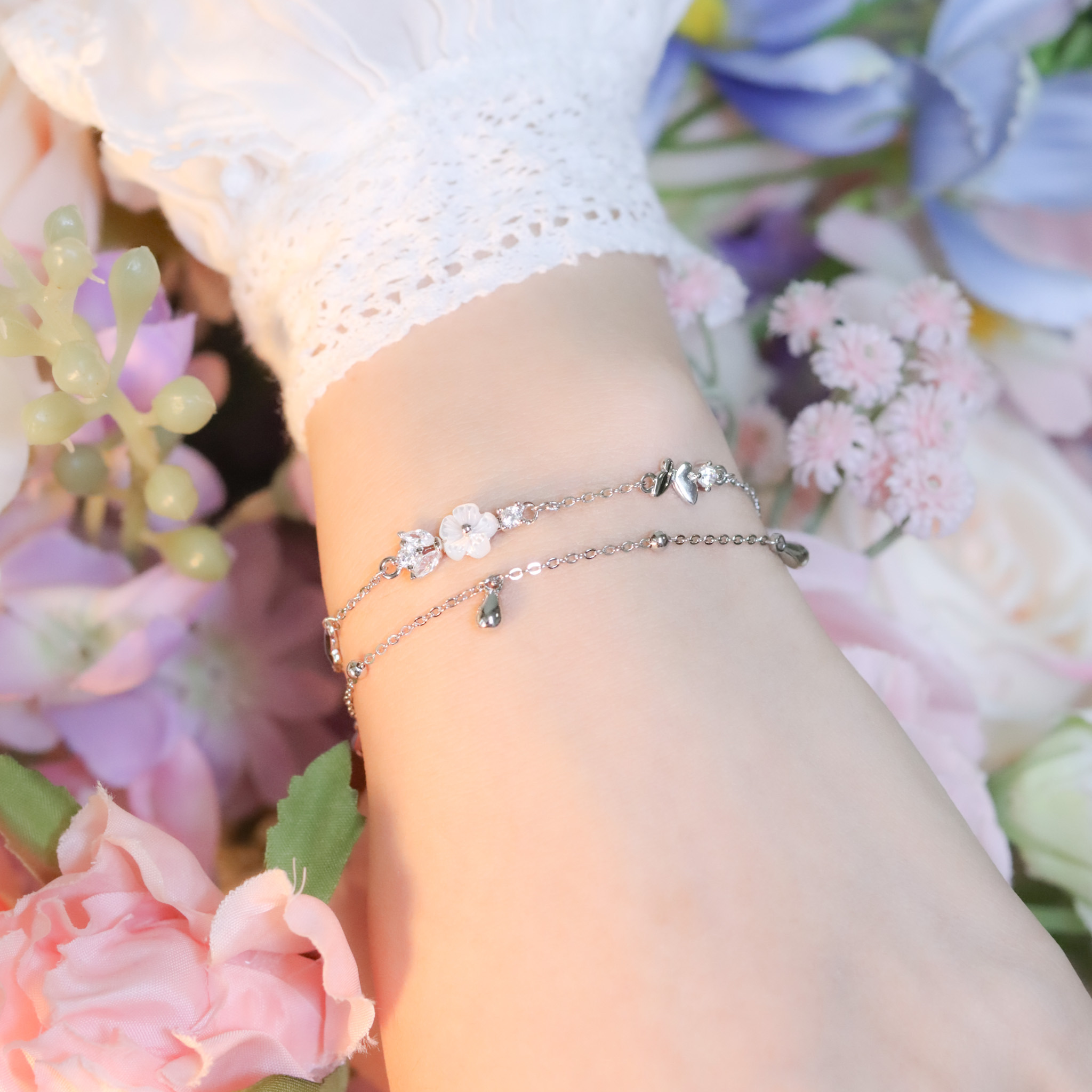 | 925純銀・白金 | 花岸蝶夢雙層手鏈 | BR1385 |