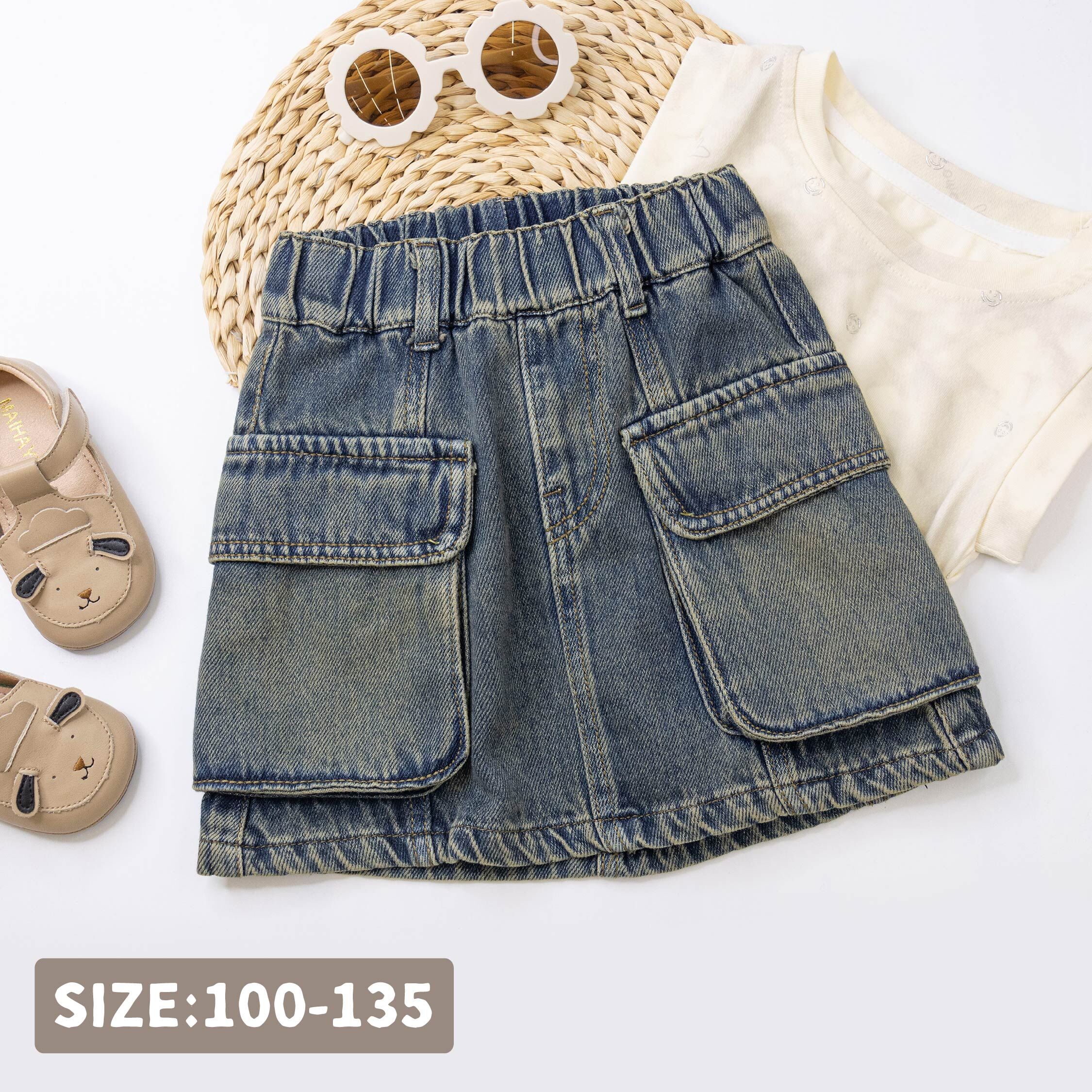 【H50920】經典大口袋設計牛仔褲裙