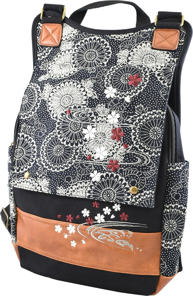 【預訂】 J0729901  Ripple  帆布 x 合成皮革 日式圖案刺繡雙肩包（ B47-HGR）