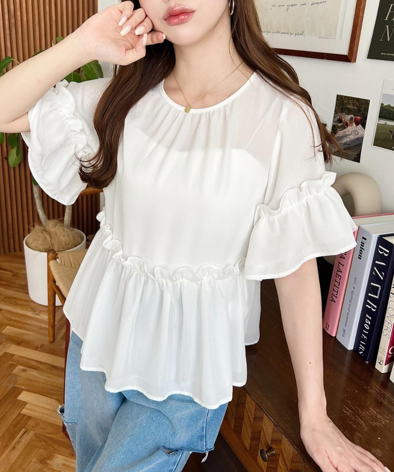 【預購】JN072907 moment+ 短袖荷葉邊袖上衣(FREE SIZE)