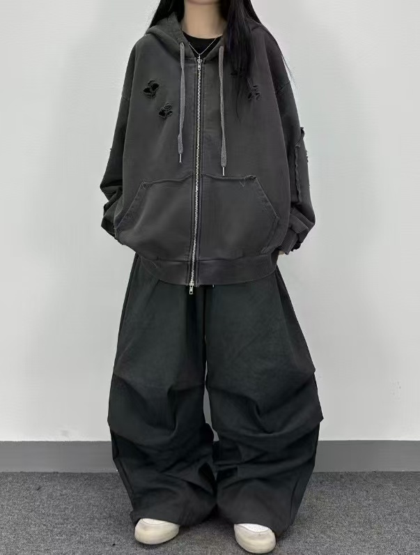 ##MO001 [UNISEX] 破爛感拉鍊連帽外套