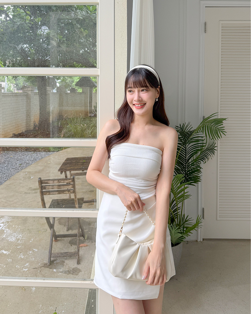 LINA LINA簡約微辣華夫格壓褶抓皺BRA TOP-時尚白