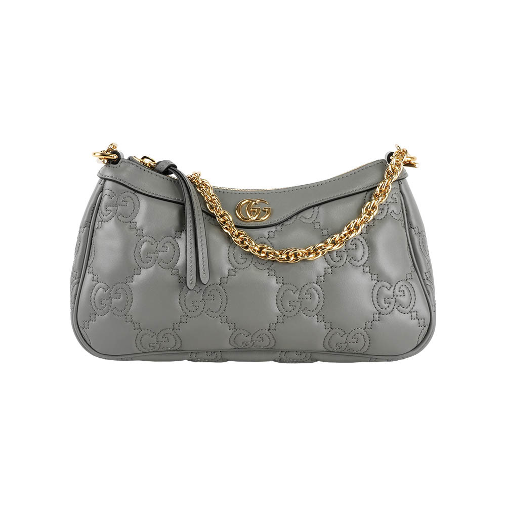 【GUCCI】GG 縫線標誌彎月鏈帶手提包/肩背包(灰色)