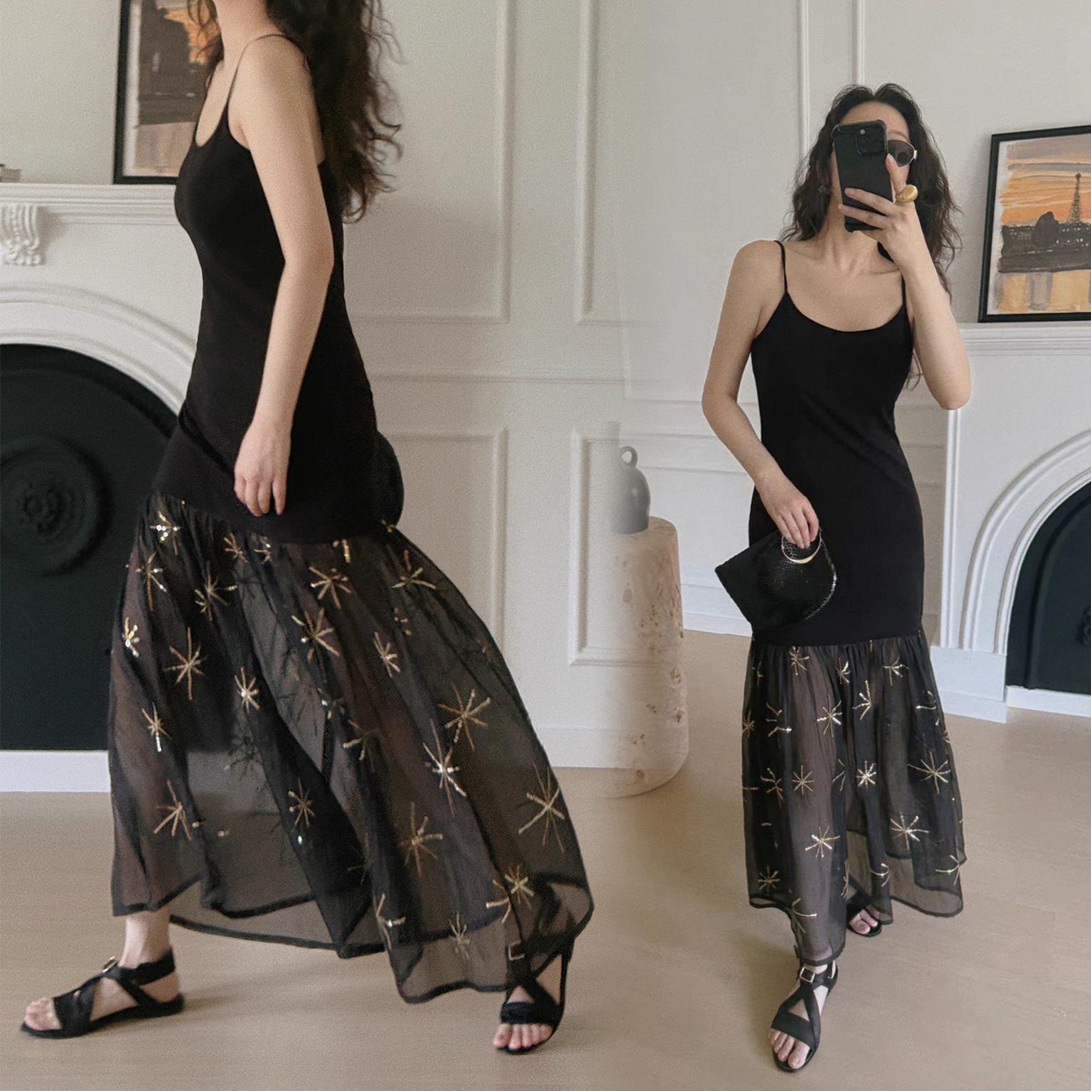 裙擺大小星辰圖騰造型細肩帶長洋裝XS-L (Elegant & Love)