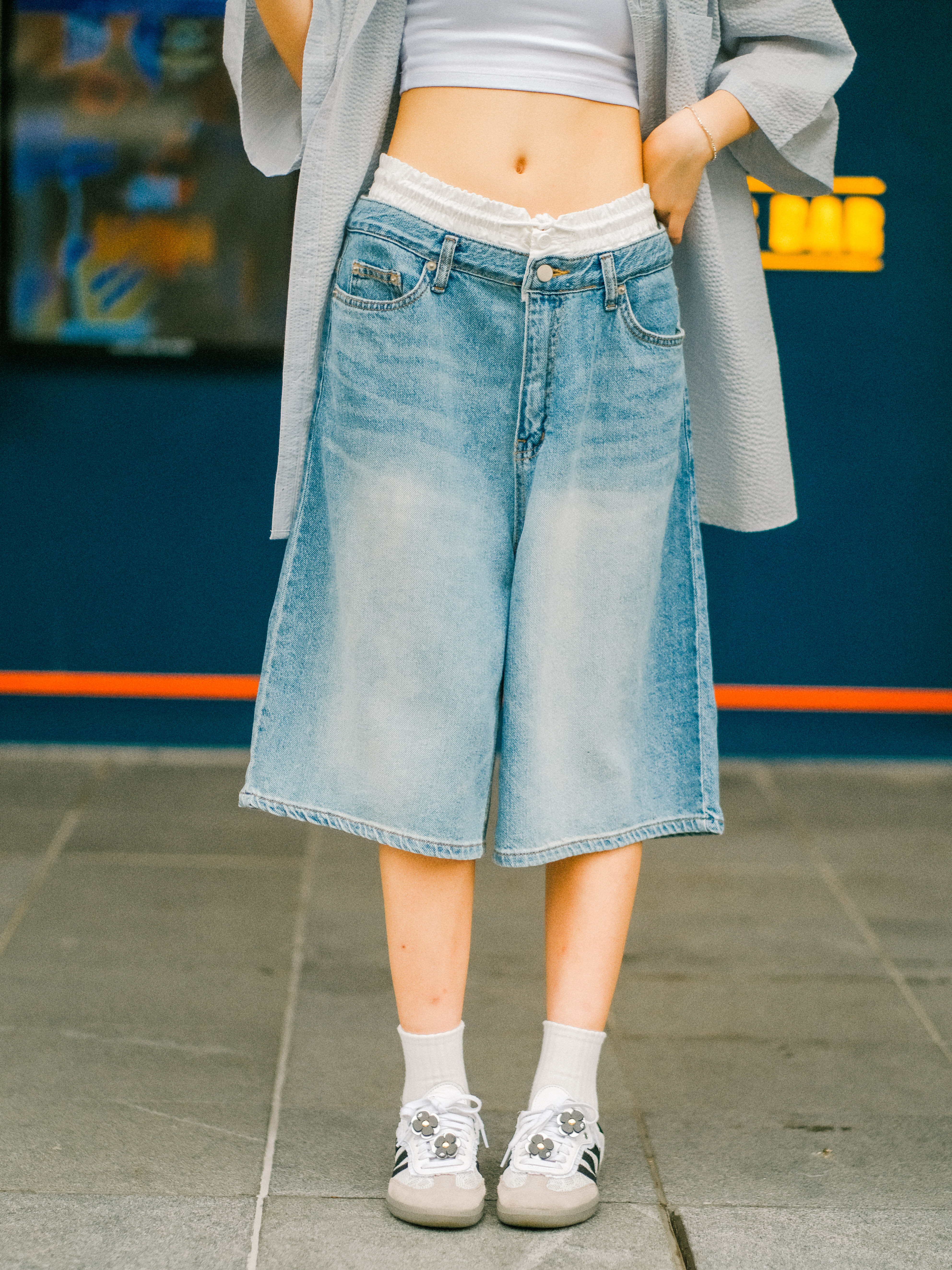 雙褲頭洗水牛仔七分褲