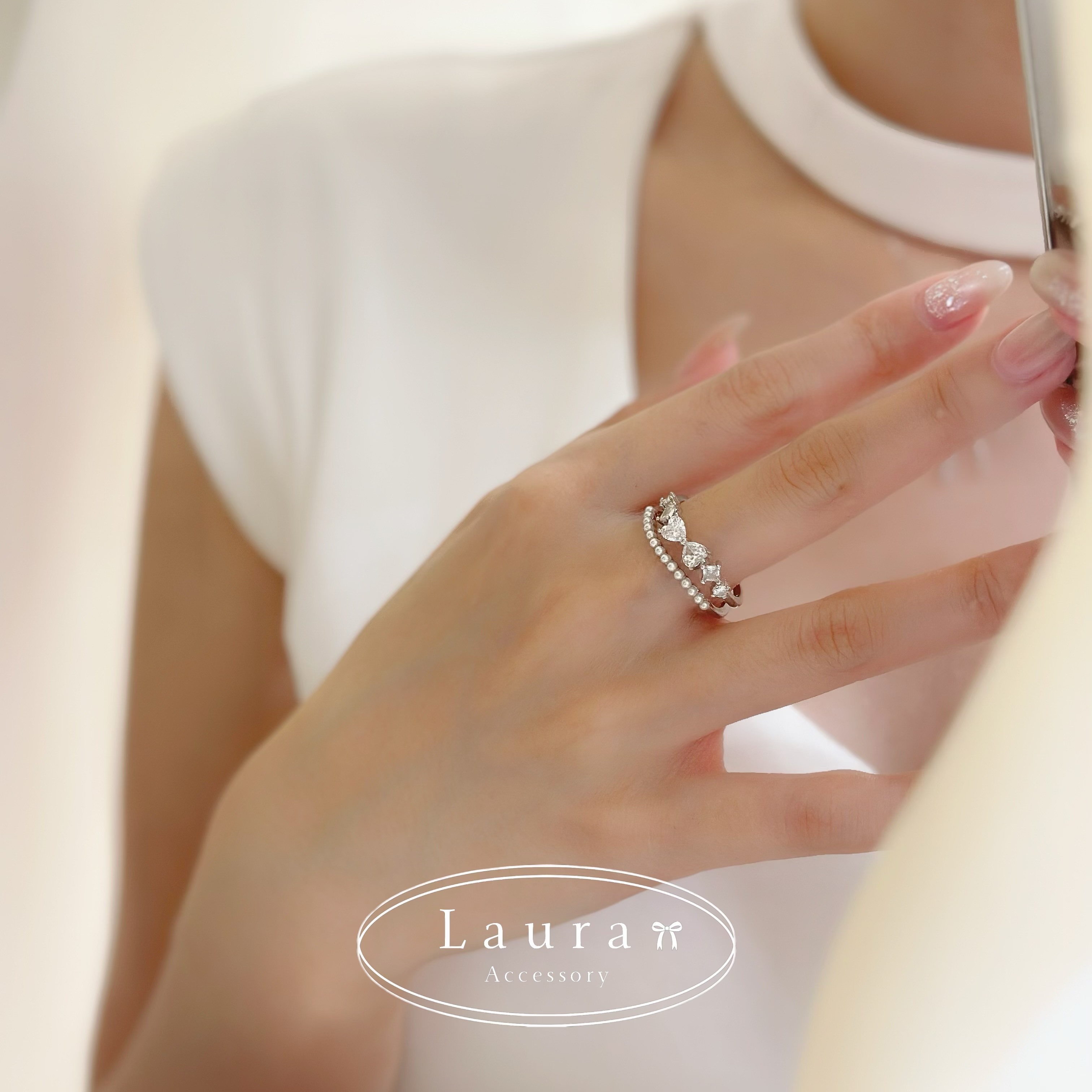 G63鋯石珍珠雙層蝴蝶結調整戒