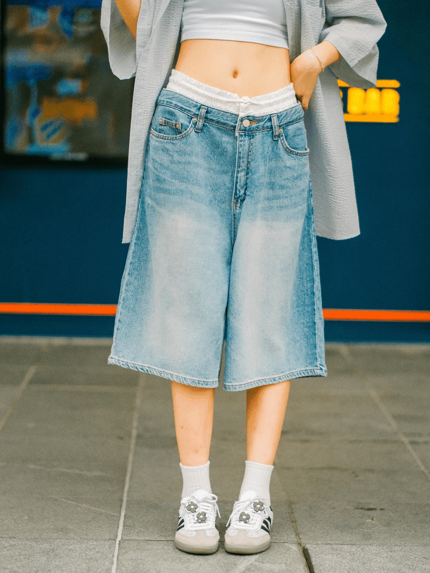 雙褲頭洗水牛仔七分褲