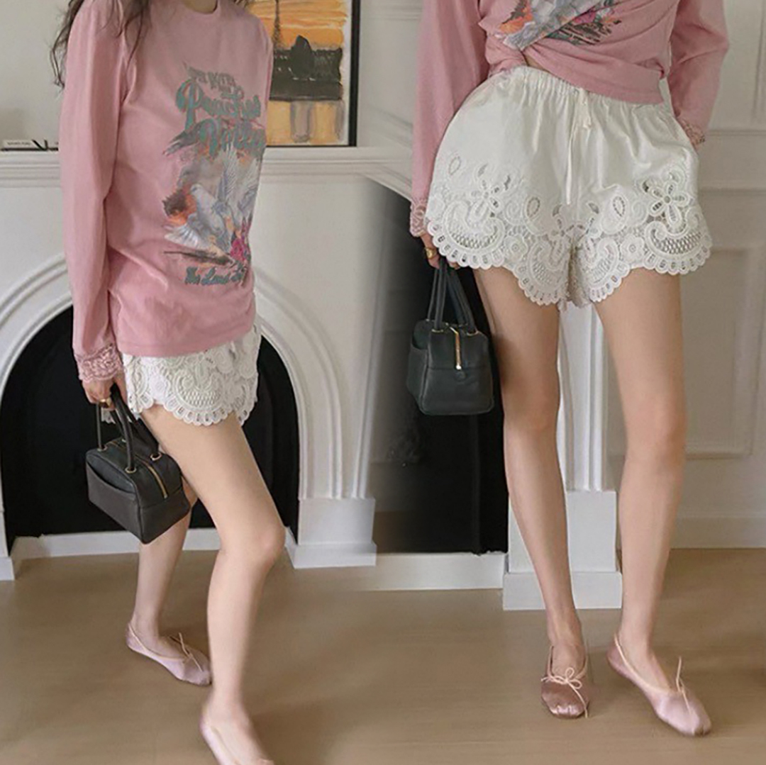 雲朵白浪漫鏤空雕花蕾絲綁帶短褲-XS-L (Elegant & Love)