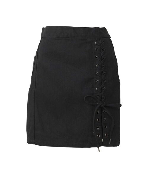 HYSTERIC GLAMOUR - APPLE PANDA embroidered side lace-up denim mini skirt