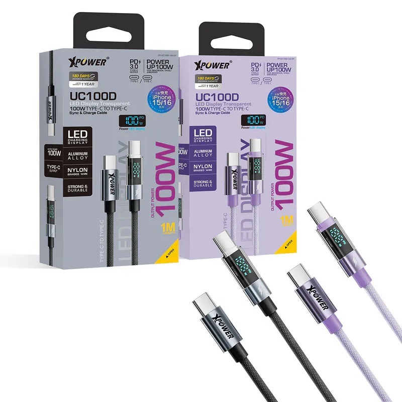 (3784)XPower UC100D 1M LED顯示 100W高速傳輸充電 Type-C>Type-C線 1米 (2色可選)