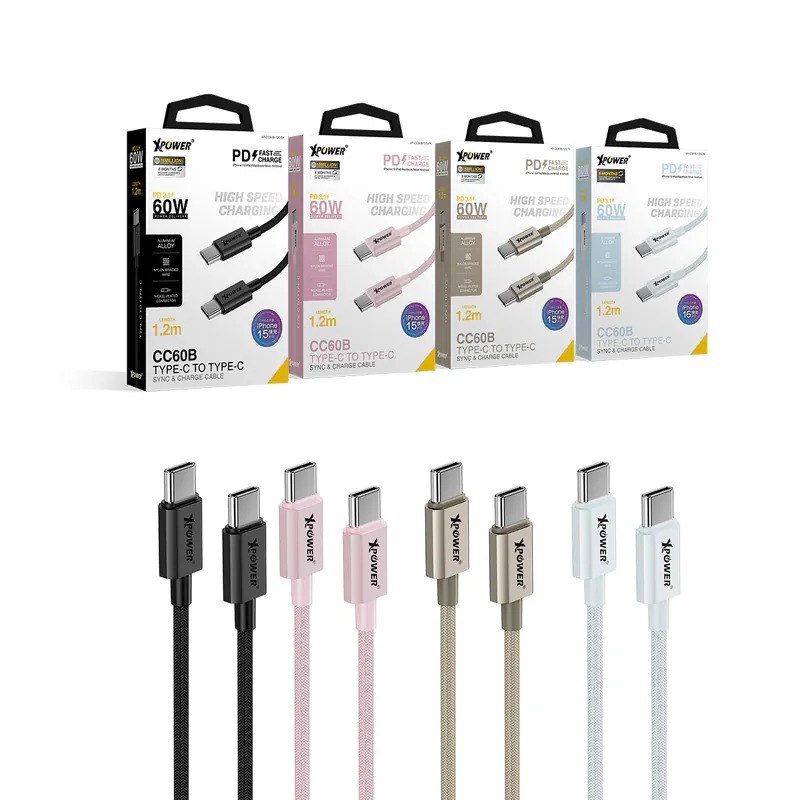 (3789)XPower CC60B 1.2m 鋁合金60W高速傳輸充電Type-C>Type-C線 (1.2米)(4色可選)