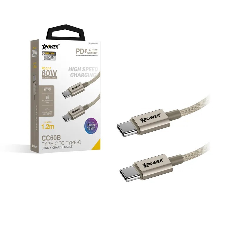 (3789)XPower CC60B 1.2m 鋁合金60W高速傳輸充電Type-C>Type-C線 (1.2米)(4色可選)