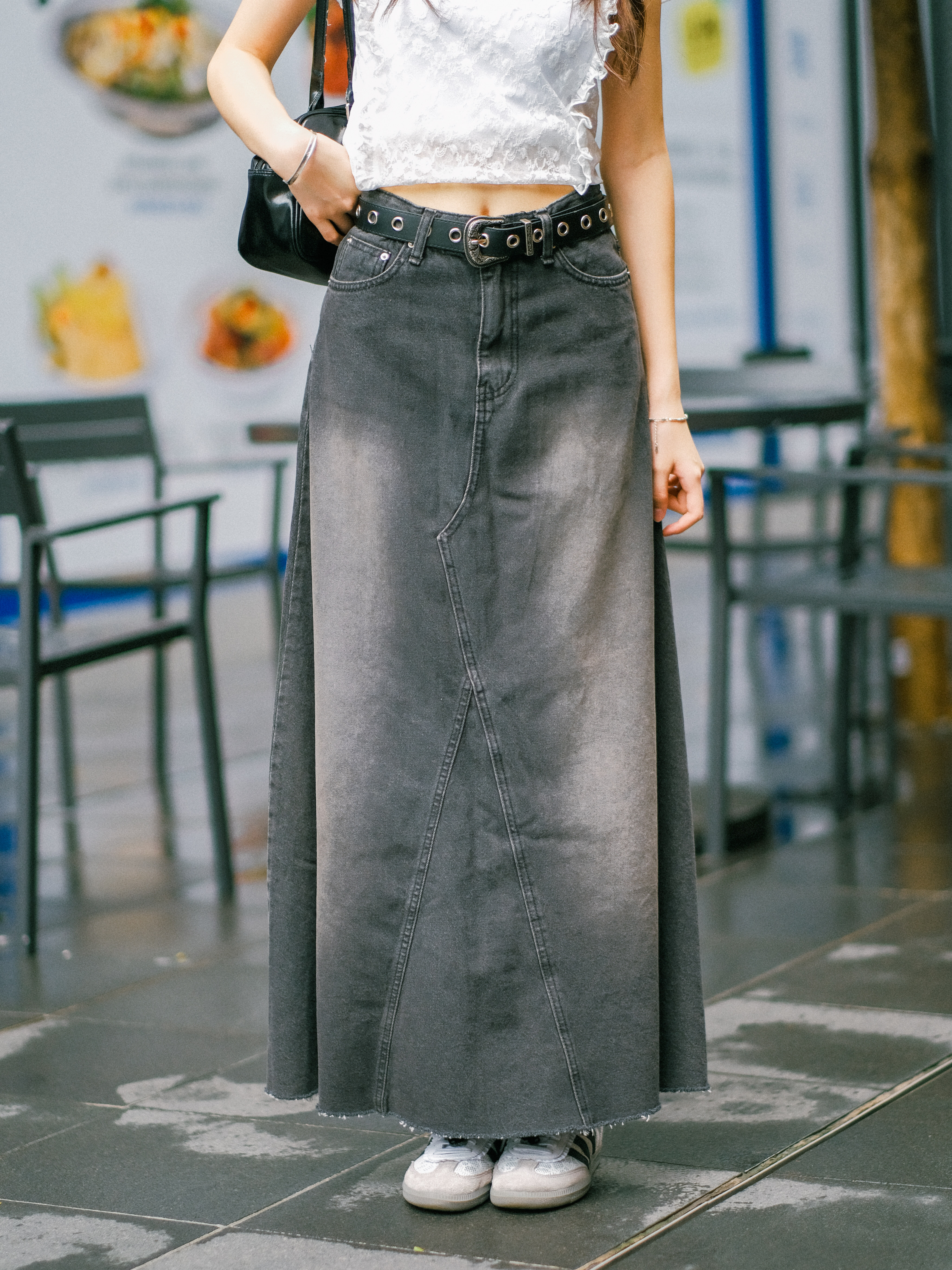 修身洗水鬚鬚邊牛仔長裙