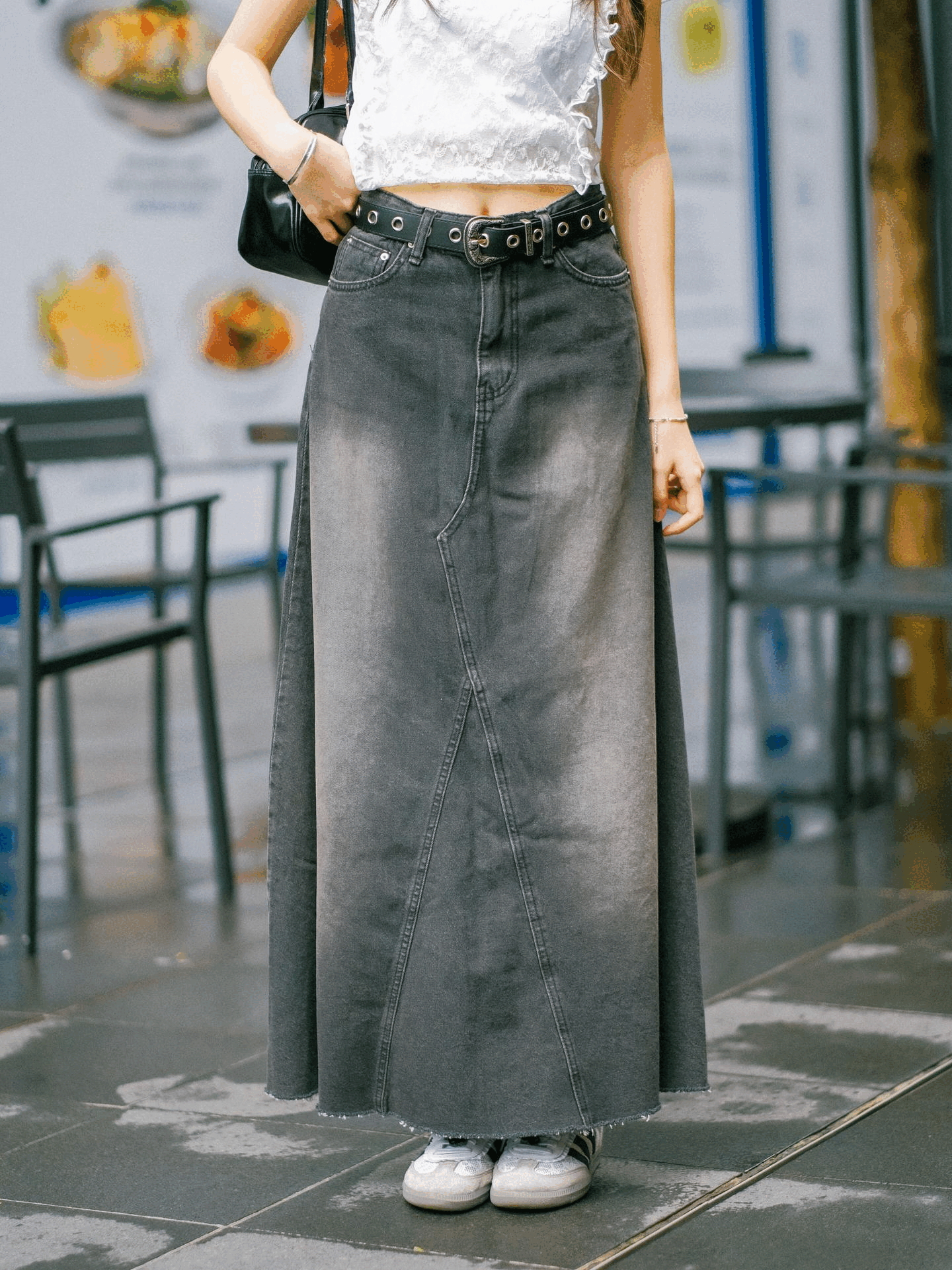 修身洗水鬚鬚邊牛仔長裙