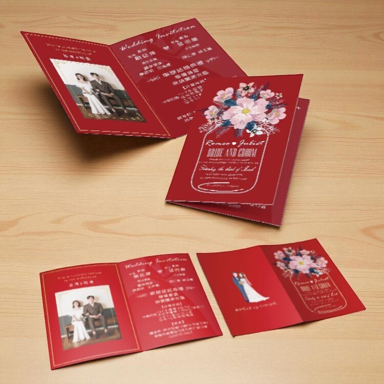 心靈花語結婚喜帖-摺頁款,紅色喜帖,婚卡,雙開囍帖,花瓶背景